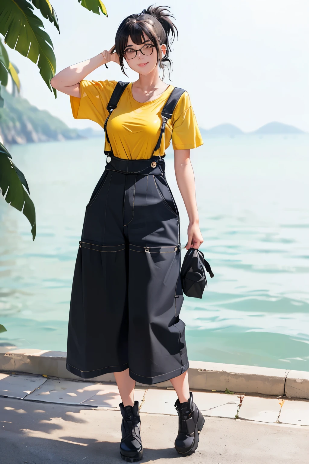 ((Wide angle shot, full body shot)) Beautiful female tourist, black hair tied in a ponytail, bangs, wearing large glasses, smirk, ((wearing a light yellow t-shirt and large mini-skirt overalls)) daylight Morning, Cinque Terre