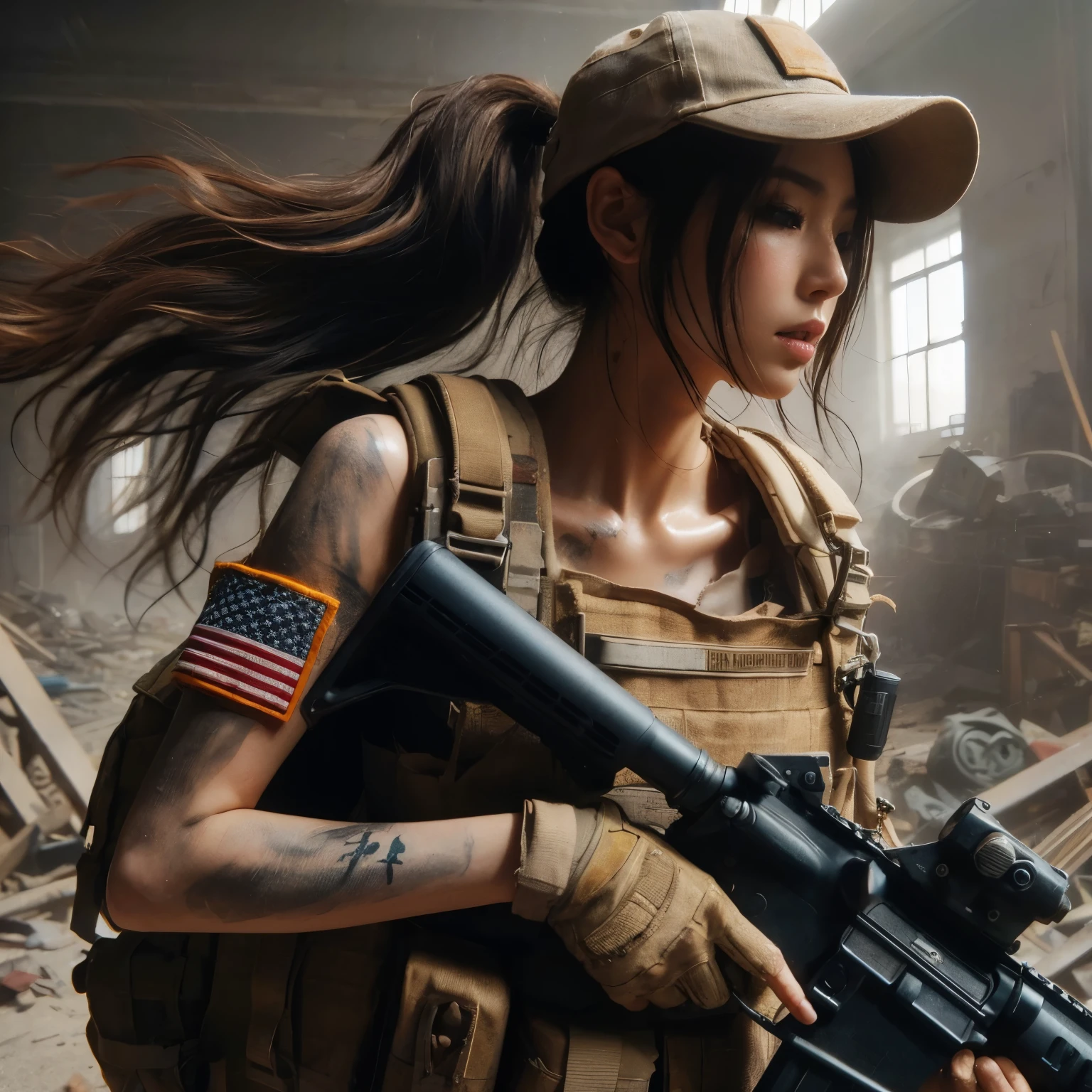 ８K,realistic photo、realistic skin texture、A beautiful Japanese woman belonging to the American military is in an abandoned factory that is no longer in use.、The roof collapses and light shines in、Dust is flying、A large machine placed casually is broken.、bulletproof vest、Holding an automatic rifle、with caution、Backpack、wearing a baseball cap、It is dirty、tattoo、moving action pose、muscle、dramatic composition、Zoom out