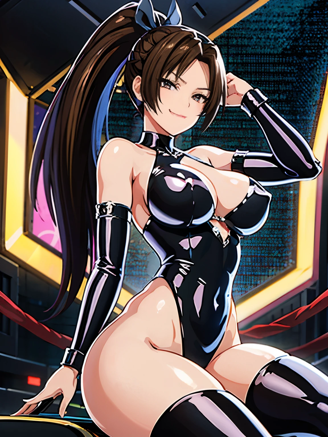 女性1 person、super detailed photos, Full body photo image、Super beautiful colors、(((black shiny latex bondage suit)))、(from below:1.3)、 brown hair, brown eyes, long and high ponytail, hair band, 1 person、25 years old, japanese mature, beautiful fingers, beautiful long legs, beautiful body, beautiful nose, beautiful character design, perfect eyes, perfect face, jewelry, See-through, looking at the viewer, hair ornaments, choker, shy, (smug:1.6)、king of fighters,(((Has a black super long whip:1.5)))、
(table top, highest qualityの, highest quality, beautiful and aesthetic: 1.2), very detailed, more detailed,proper body proportions,table top,Ultra high quality output image,High resolution,intricate details,very delicate and beautiful hair,realistic pictures,dream-like,professional lighting,realistic shadow,focus only,sexy pose,
(big breasts:1.2,) , floating skirt,
Stiletto knee high long boots、anime one、from below、(((depiction of prison)))、(((close your mouth)))