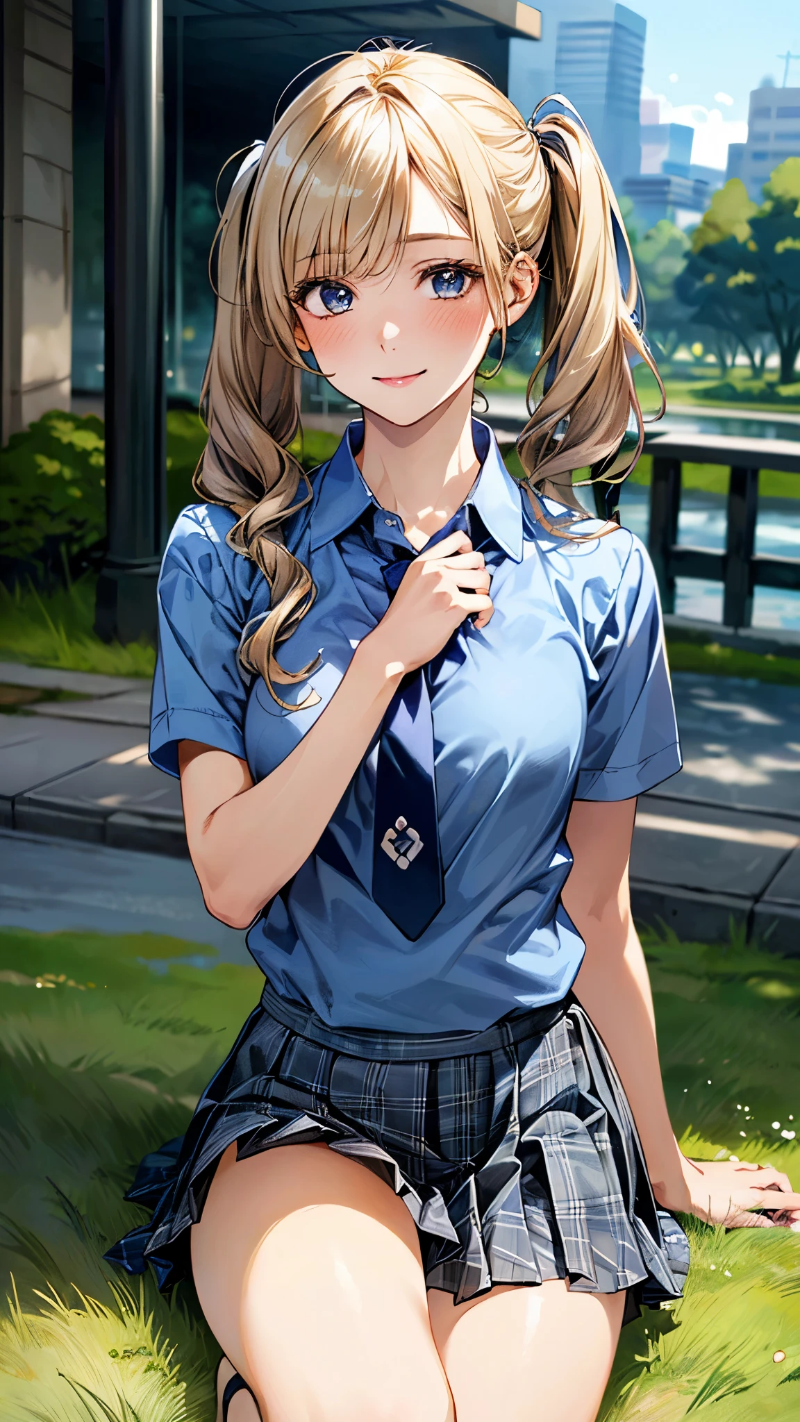 (masterpiece:1.3, top-quality, ultra high res, ultra detailed), (realistic:1.1, photorealistic:1.4), beautiful illustration, perfect lighting, colorful, depth of fields,
beautiful detailed hair, beautiful detailed face, beautiful detailed eyes, beautiful clavicle, beautiful body, beautiful chest, beautiful thigh, beautiful legs, beautiful fingers,
looking at viewer, 1 girl, japanese, high school girl, perfect face, (perfect anatomy, anatomically correct), cute and symmetrical face, babyface, suntan, shiny skin,
(middle hair:1.5, twintails:1.2, blonde hair), asymmetrical bangs, blue eyes, long eye lasher, (medium breasts), slender,
((collared short sleeve shirt, light blue shirt, , grey plaid pleated skirt, navy tie)), light blue panties,
(beautiful scenery), evening, (park, grass, cityscape in the distance), wariza, ((double peace)), (lovely smile, upper eyes),
