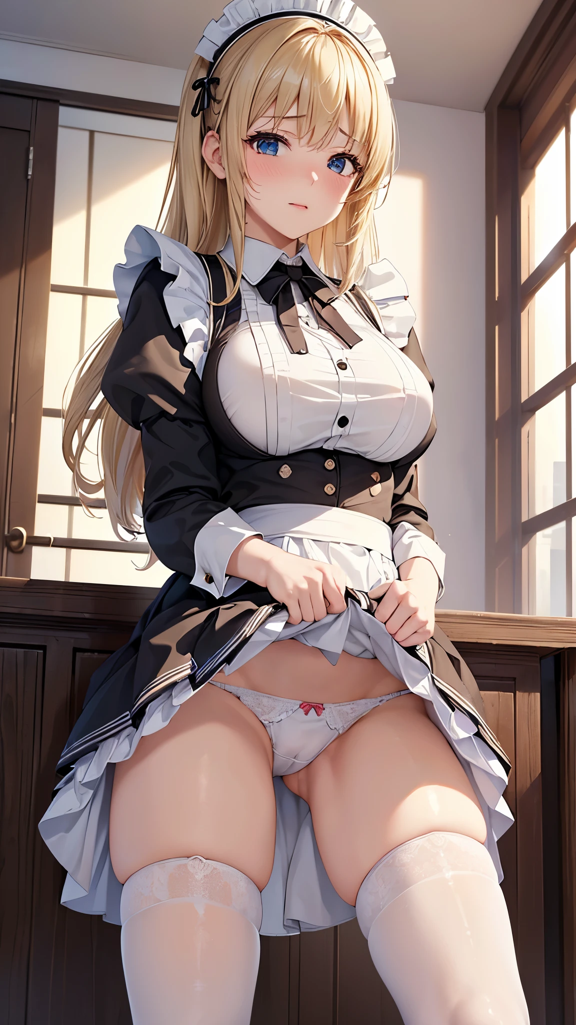 ((highest quality, Highly detailed CG Unity 8K wallpaper))、beautiful breasts、Thighhighs、(spread your legs wide)、((She lifts up her skirt to reveal white panties、blonde、maid、embarrassed look))
