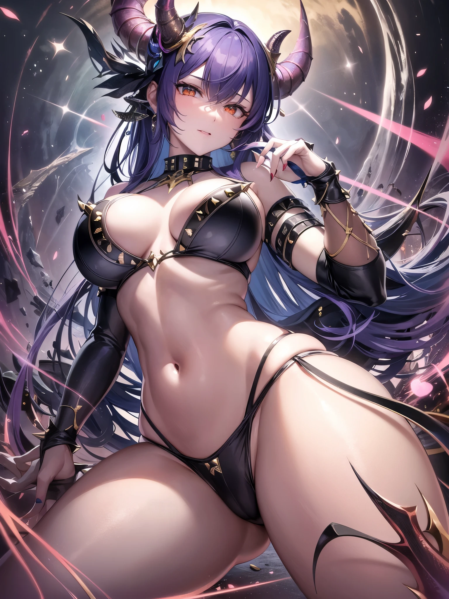((highest quality)),(ultra high resolution),(Super detailed),(detailed description),((best CG)),(best work of art),super precision art,amazing drawing art,(Fantasy art with precise details:1.5), (Female Devil:1.5),((studded bikini armor:1.3,thorn:1.3)),disaster々new horn helm:1.4,colorful tattoo:1.4, pale flame:1.6,