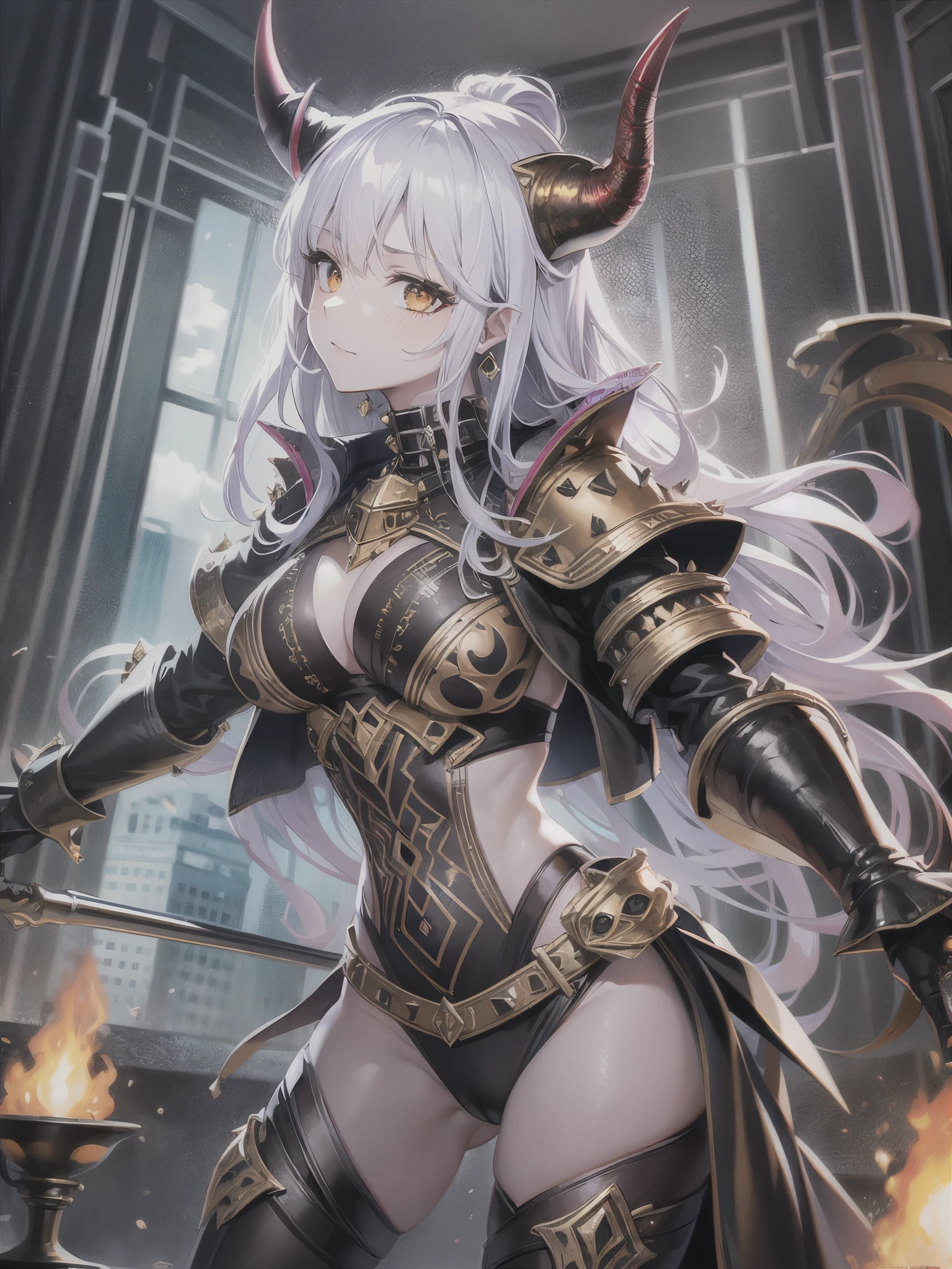 ((highest quality)),(ultra high resolution),(Super detailed),(detailed description),((best CG)),(best work of art),super precision art,amazing drawing art,(Fantasy art with precise details:1.5), (Female Devil:1.5),((studded bikini armor:1.3,thorn:1.3)),((disaster々new horn helm:1.7)),(colorful tattoo:1.4), pale flame:1.6,Insanity:1.4,cruel:1.3,brutal:1.3