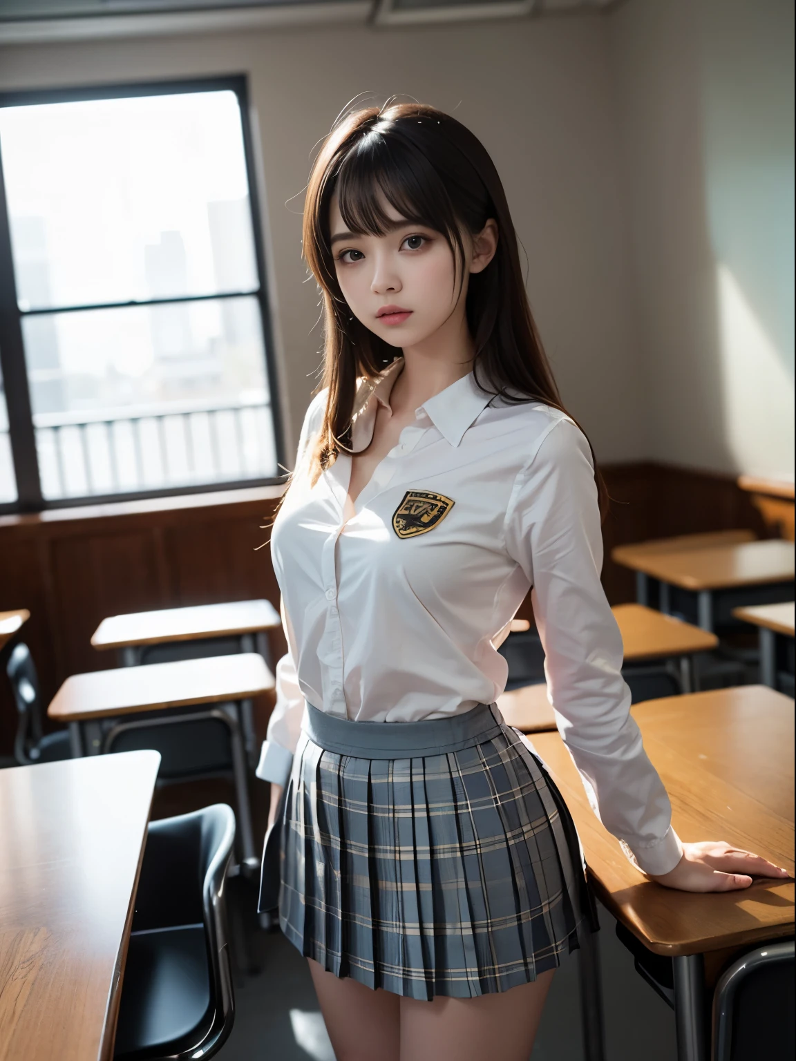 one young girl, blazer、、uniform、8k wallpaper, professional photography, realistic portrait, cinematic light, bangs, shortcut、(expensive , pleated mini skirt:1.3), School, classroom, (get used to it: 1.4), 3D, HDR (high dynamic range), ray tracing, NVIDIA RTX, super resolution, Scattered under the surface, PBR texture, Post-processing, anisotropic filtering, Depth of written boundary, maximum sharpness and sharpness, multilayer texture, Albedo and Highlight Mapping, surface shading, Accurate simulation of light-matter interactions, perfect proportions, octane rendering, surreal、Photographed with Canon EOS R5、50MM lens、f / 2.8