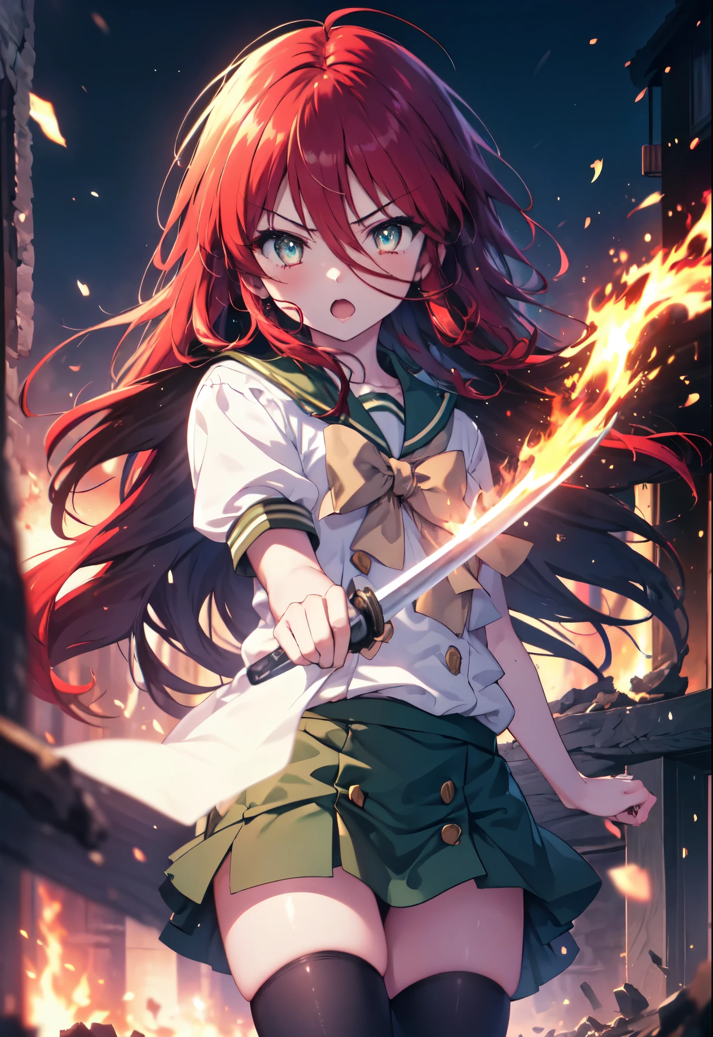 1 girl, cowboy shot, rubble ruins, anger, (battle preparation:1.2), open your mouth, (night:1.2), explosive inflammation,shana, red eyes, redhead, very long hair, hair between eyes, (Ahoge:1.1), , , serafuku, white shirt, short sleeve, green skirt, Thighhighs, Black Rider Suit,Grasp the grip of a Japanese sword engulfed in flames with both hands.。.,highest quality, (masterpiece:1.2), highest quality, High resolution, unity 8k wallpaper, (shape:0.8), (beautiful and detailed eyes:1.6), highly detailed face, perfect lighting, Very detailed CG, (perfect hands, perfect anatomy),