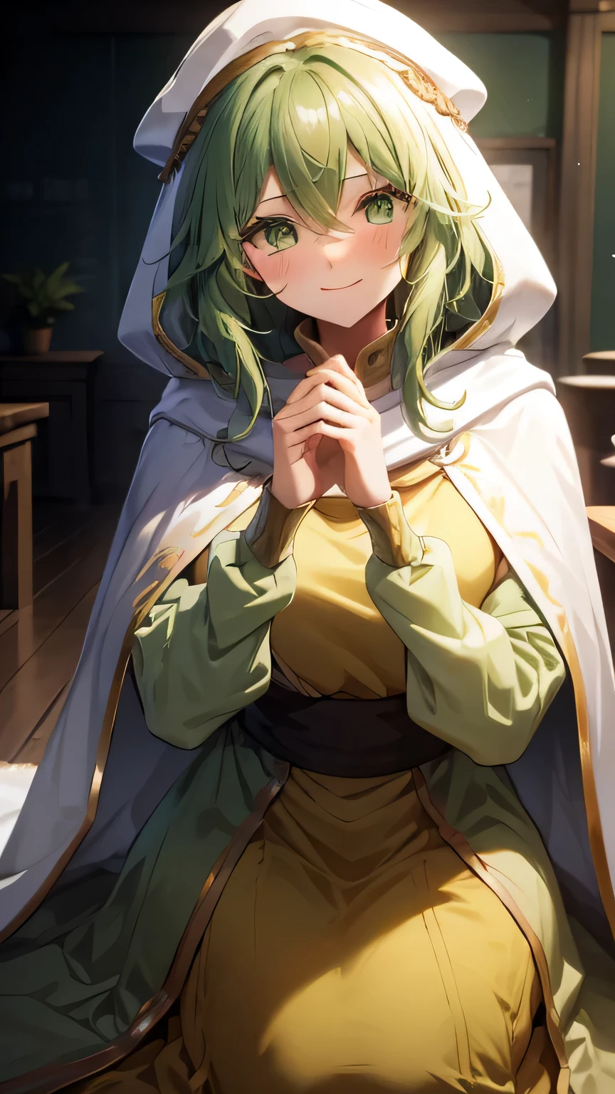 wavy hair　green hair　green eyes　white cloak　white hood　yellow clothes　long skirt　looking at the viewer　Reach out to your audience　　smile　blush