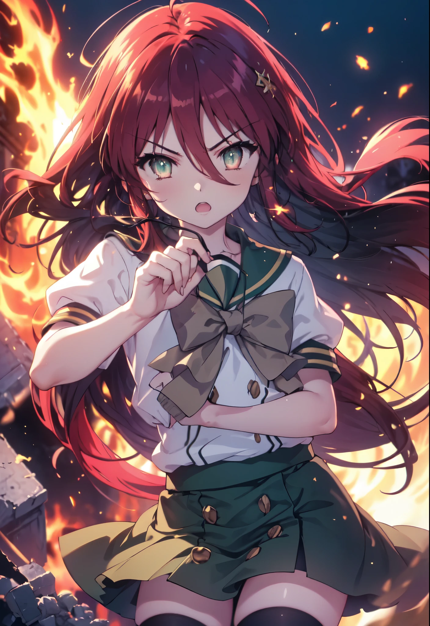 1 girl, cowboy shot, rubble ruins, anger, (battle preparation:1.2), open your mouth, (night:1.2), explosive inflammation,shana, red eyes, redhead, very long hair, hair between eyes, (Ahoge:1.1), , , serafuku, white shirt, short sleeve, green skirt, Thighhighs, Black Rider Suit,Grasp the grip of a Japanese sword engulfed in flames with both hands.。.,highest quality, (masterpiece:1.2), highest quality, High resolution, unity 8k wallpaper, (shape:0.8), (beautiful and detailed eyes:1.6), highly detailed face, perfect lighting, Very detailed CG, (perfect hands, perfect anatomy),