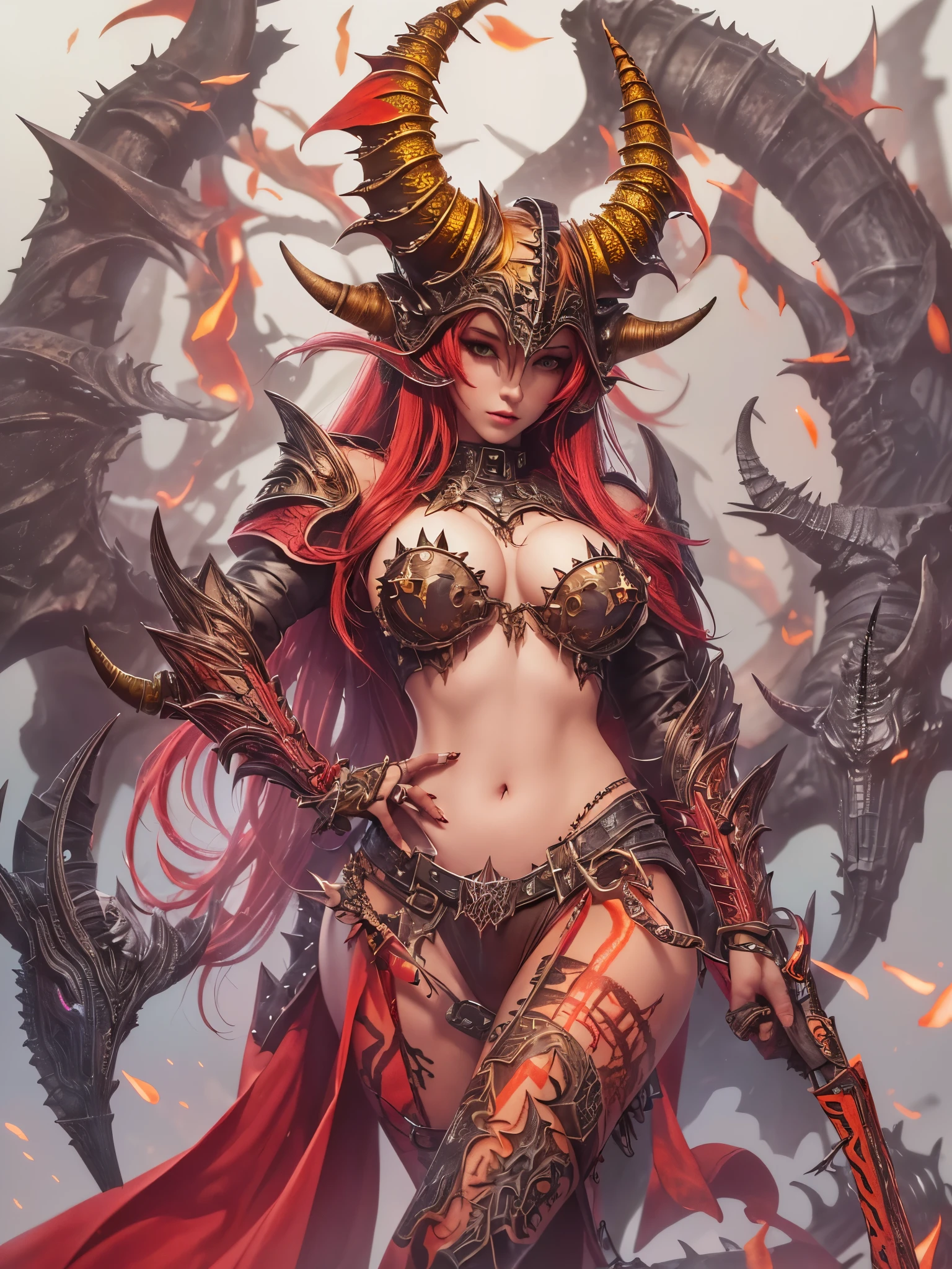 ((highest quality)),(ultra high resolution),(Super detailed),(detailed description),((best CG)),(best work of art),super precision art,amazing drawing art,(Fantasy art with precise details:1.5), (Female Devil:1.5),((studded bikini armor:1.3,thorn:1.3)),((disaster々new horn helm:1.7)),(colorful tattoo:1.4), pale flame:1.6,Insanity:1.4,cruel:1.3,brutal:1.3