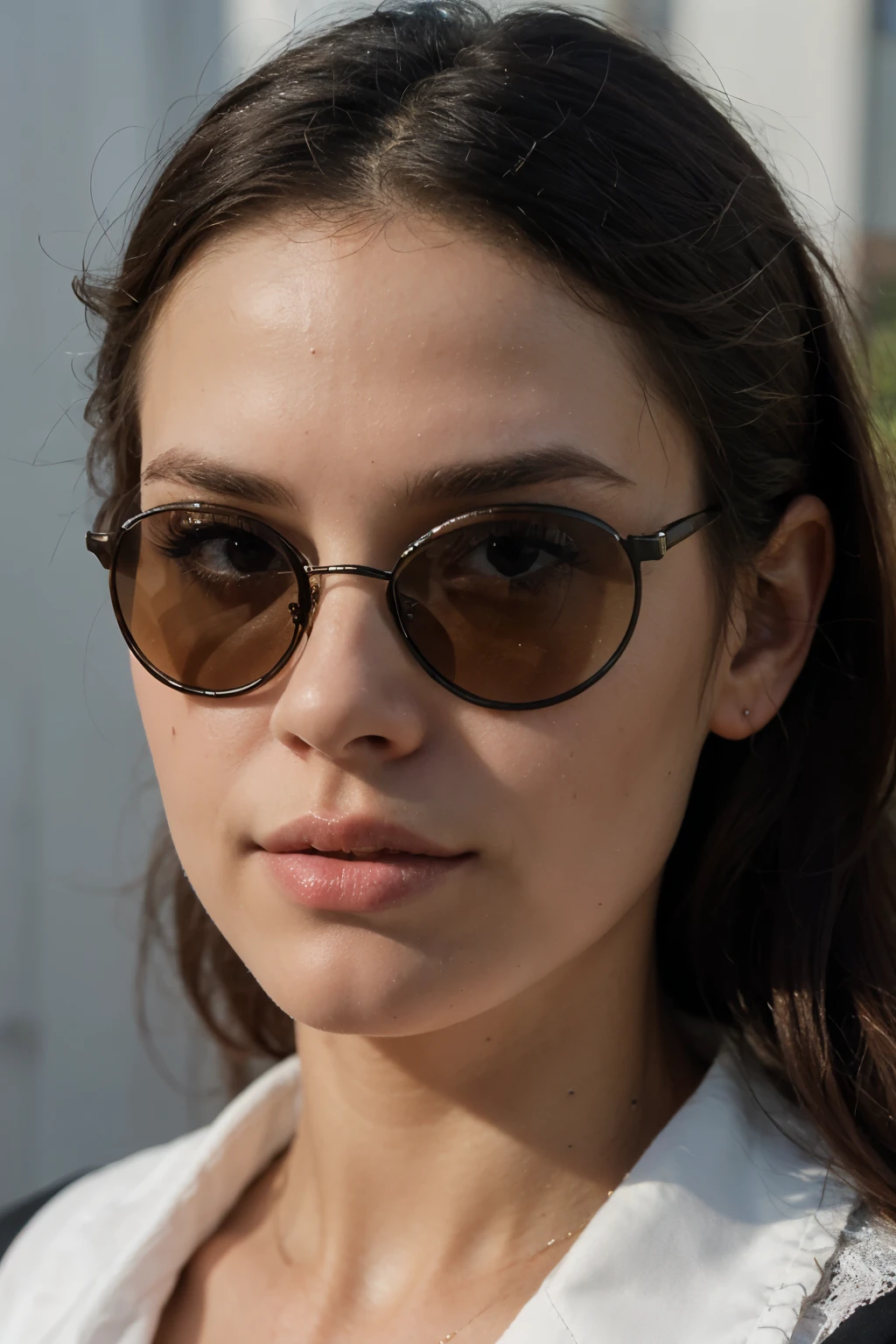 ((best quality)), ((masterpiece)), (detailed), perfect face, woman, realistic, black sunglasses, trip with the dog