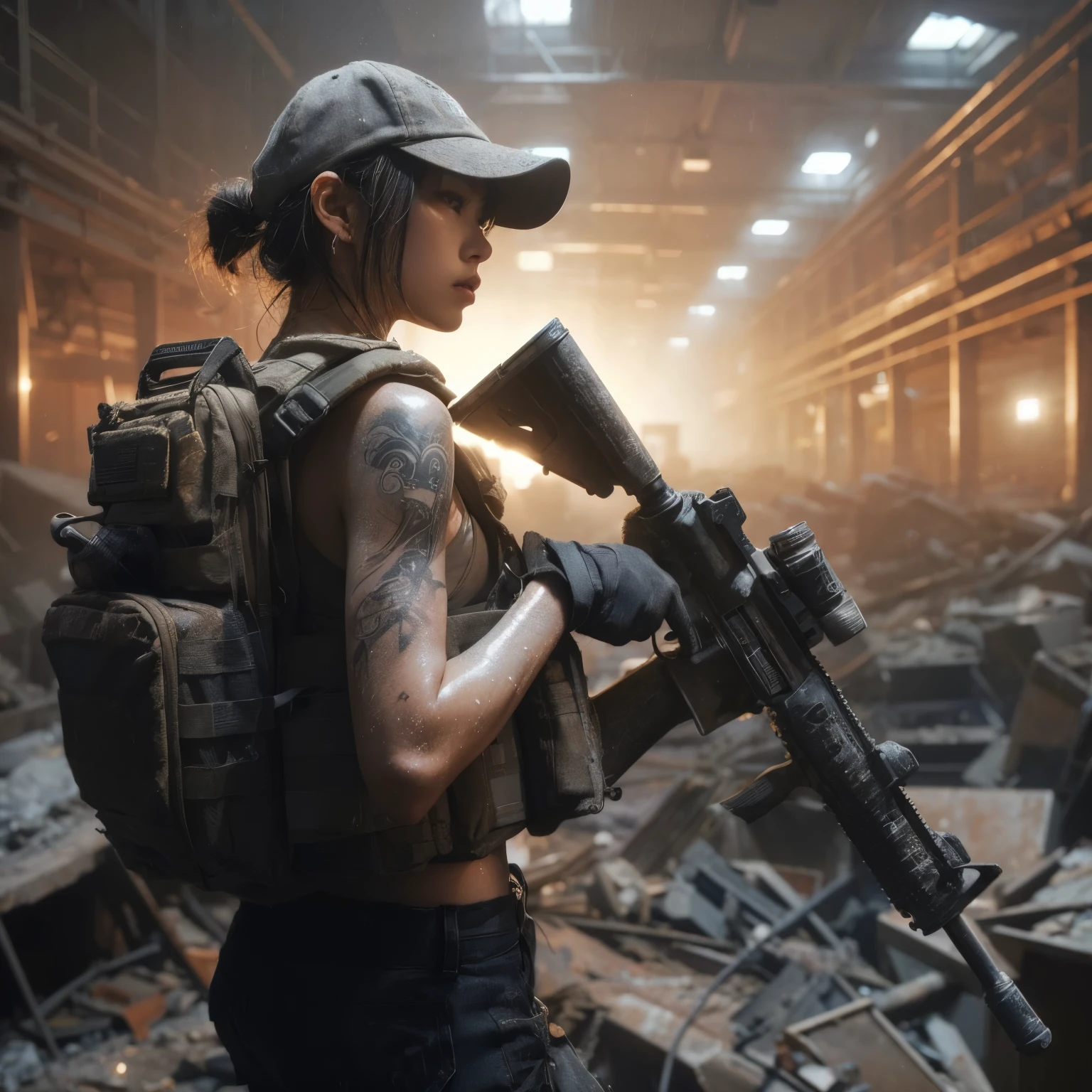8K,realistic photo、realistic skin texture、A beautiful Japanese woman belonging to the American military is in an abandoned factory that is no longer in use.、The roof collapses and light shines in、Dust is flying、A large machine placed casually is broken.、bulletproof vest、Holding an automatic rifle、with caution、Backpack、wearing a baseball cap、It is dirty、tattoo、moving action pose、muscle、dramatic composition、Zoom out