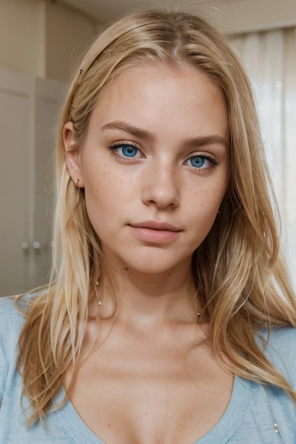 A photorealistic portrait of a 25-year-old Swedish woman with piercing blue eyes, flowing blonde hair, and a sprinkle of freckles across her nose and cheeks. She exudes natural beauty and has the aura of an Instagram model, dressed in casual attire. The image should be a tight headshot, captured in soft, natural lighting to highlight her features.