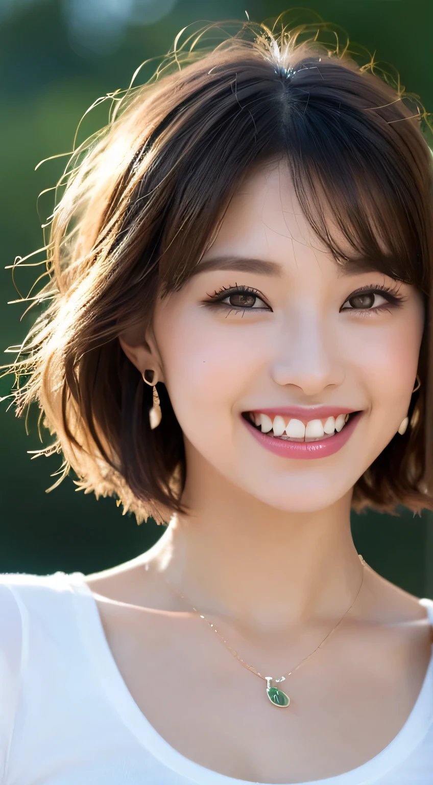 (8K, Raw photo, highest quality, High resolution: 1.1), (hyperrealistic: 1.4), (realistic, photorealistic: 1.3), 30 years old, soft light, cleavage, girl, realistic face, realistic body, realistic skin, confused, masterpiece, (cute: 1.8), cuties, alone, (big: 1.2), fine black eyes, innocent eyes, blush, (T-shirt(1.2), cinema light, film grain, jewelry, earrings, ((short bob hair: 1.1)), (floating hair nova frog style)), cherry color lip, hair ribbon, hair ribbon, ponytail, close, show viewer, Upper body, open lips, upper teeth, (smileの目: 0.6), ((grin and laugh: 1.2)), written boundary depth, blurred background, focus of the eye, Bokeh, young, 85mm lens, f/1.4, professional lighting, young, portrait, photon mapping, radio city, black hair、dark eyeliner、look at the camera、ear piercing、necklace around neck、smile、beautiful teeth