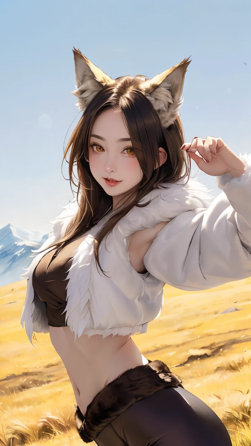 (((Masterpiece))),((top quality)),one beautiful girl,Pale, (anthropomorphic wolf character: 1.5), (wolf ears:1.5)、(((sharp eyes 1.5)))、(wolf tail:1.5)、(belly button)、((Fur clothing:1.5)),(plain clothes), (skin revealing),(The background is grassland:1.5).(((from the front:1.5)))、(straight front: 1.5)、Running through the steppes