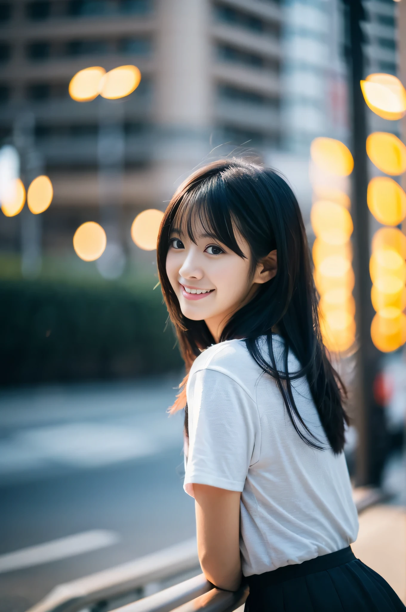 highest quality,masterpiece,32k,Depth of the bounds written、blur background、135mm,F1.4,professional lighting,cinematic lighting,profile,thin,きれいなDay本人女性,25 year old girl,standing posture,city,Wind,Day,shoulder length hair,black hair,Wet,Tシャツmini skirt,smile,