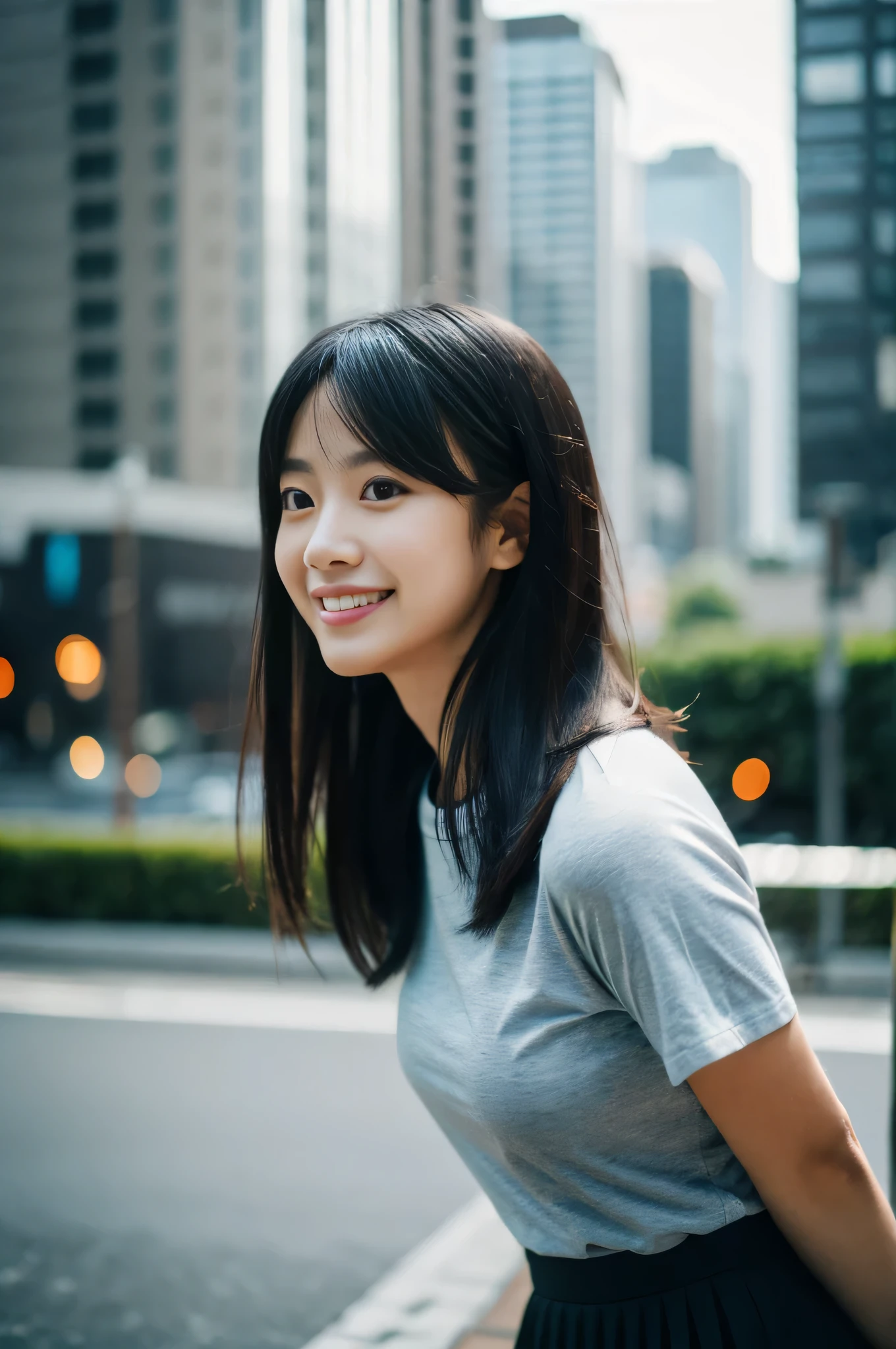 highest quality,masterpiece,32k,Depth of the bounds written、blur background、135mm,F1.4,professional lighting,cinematic lighting,profile,thin,きれいなDay本人女性,25 year old girl,standing posture,city,Wind,Day,shoulder length hair,black hair,Wet,Tシャツmini skirt,smile,