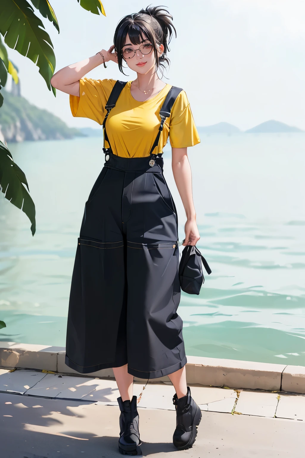 ((Wide angle shot, full body shot)) Beautiful female tourist, black hair tied in a ponytail, bangs, wearing large glasses, smirk, ((wearing a light yellow t-shirt and large mini-skirt overalls)) daylight Morning, Cinque Terre