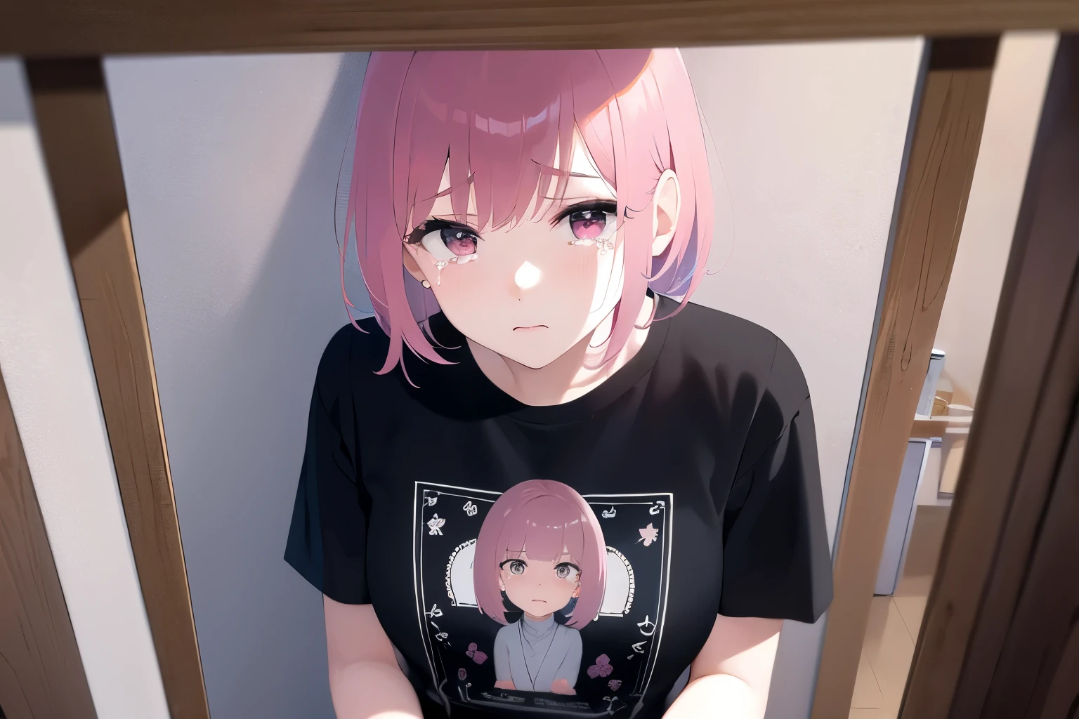Upper body is shown、Realistic, real person, RAW photo, photorealistic, portrait photography, shiny skin, japanese idol、pink hair、bob cut hair with bangs、20 year old woman with pink eyes、sad, (tears:1.3), Alone、(black:1.2) and (T-shirt) and (over size), The background is the living room、Are standing