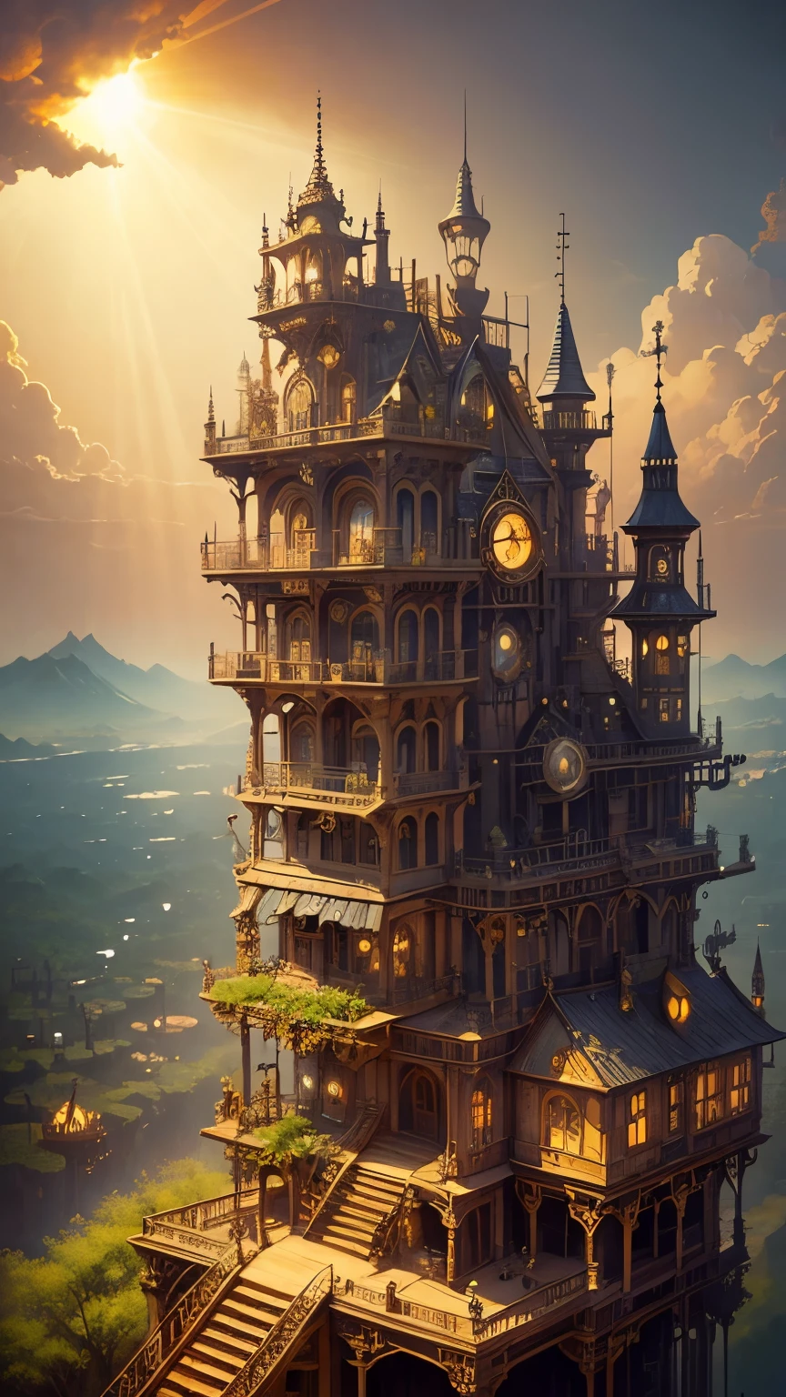 steampunkai。highest quality。masterpiece。detailed details。one girl。steampunk witch。Consists of passages, stairs and landings、Exploring an open maze。The background is a clear sky with the sun shining in the afternoon.。