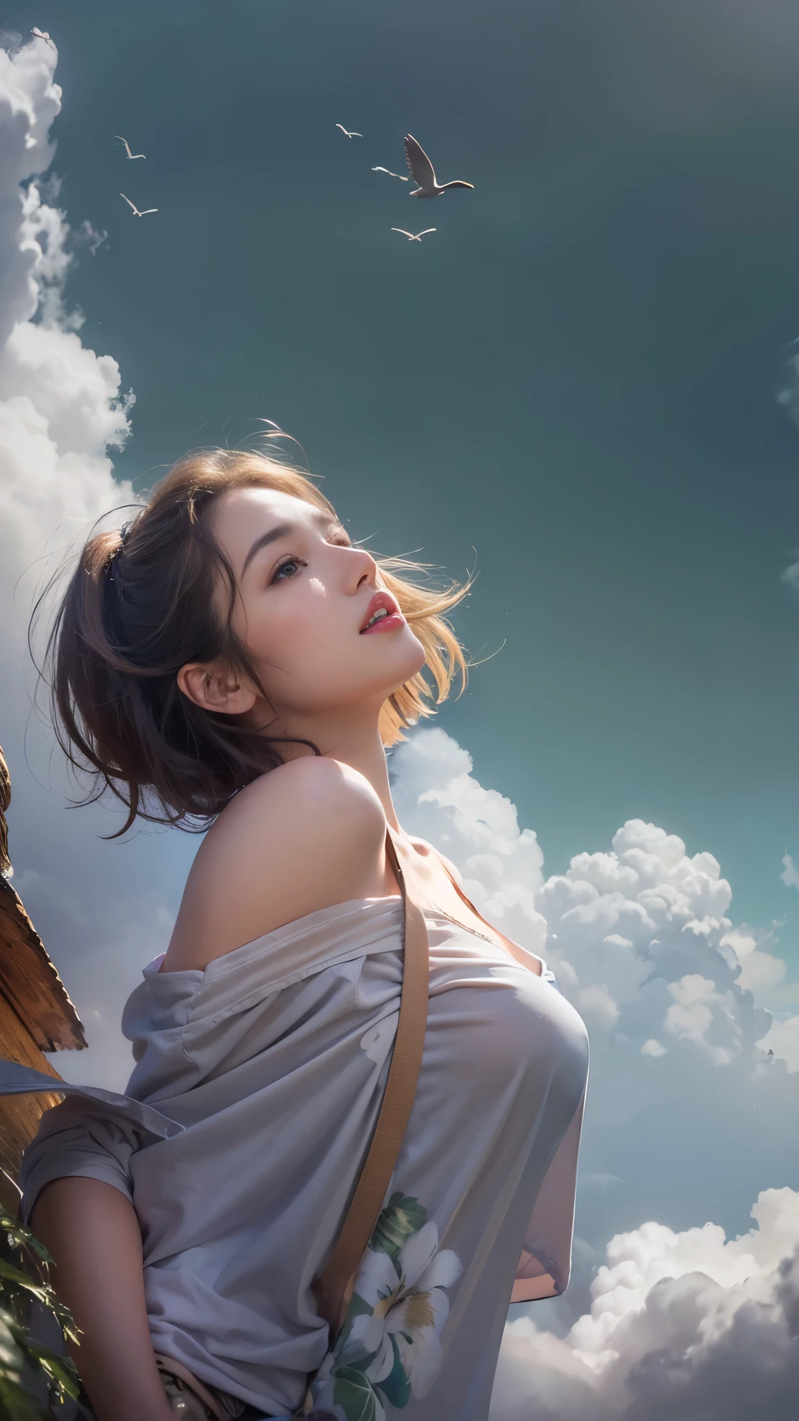 1 Girl, Dynamic Angle, Clouds and Mountains, (Flower Field: 1.4) In foreground, light tracing, (floating colorful wind: 1), (reality: 1.4), official art, Unity 8k wallpaper, ultra detailed, beautiful beauty, masterpiece, best quality, glowing skin, cinematic lighting, light smile, eye level, wide angle, panorama, first-person perspective, bust map, Verism, En plein air, surreal, white less cloth transparent lace bikini, huge breasts, buttocks, Adopt lewd, slutty poses.