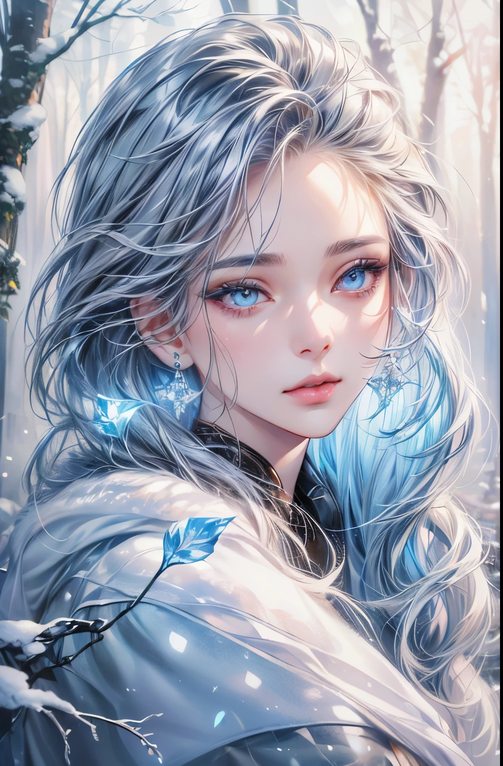 (beautiful detailed eyes:1.1,beautiful detailed lips:1.1,extremely detailed eyes and face,longeyelashes),(oil painting,3D rendering),(winter garden,snow-covered trees),(best quality,highres),(icy/cold expression),(glowing hair,subtle highlights),vivid colors,studio lighting