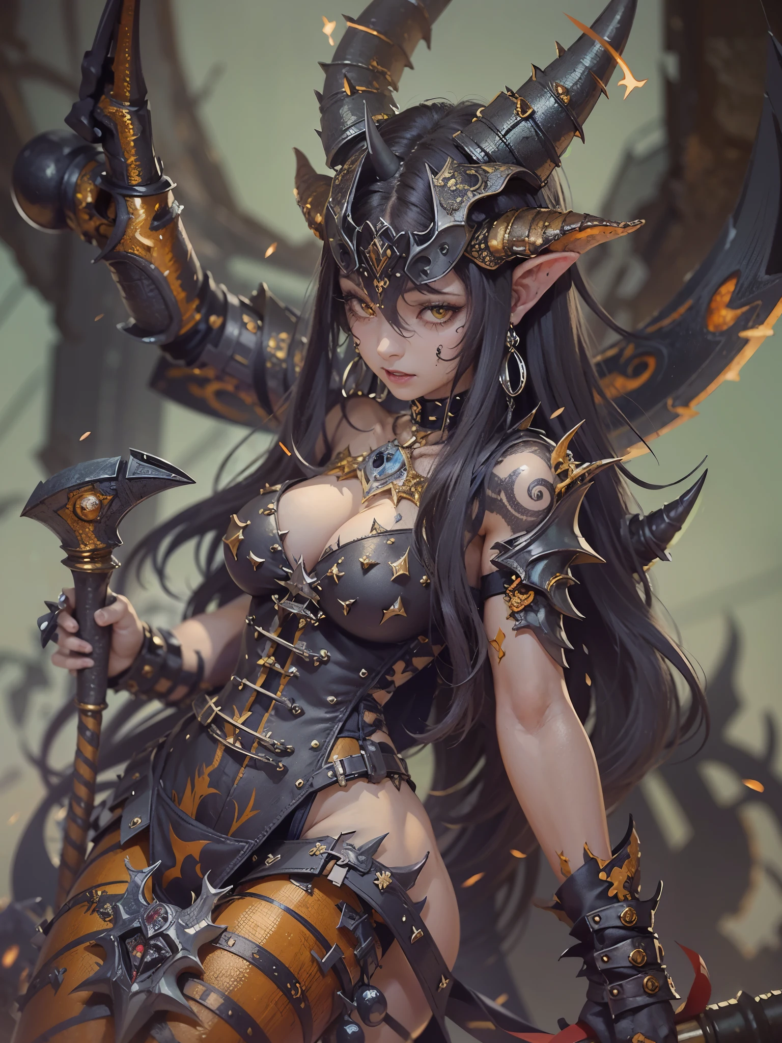 ((highest quality)),(ultra high resolution),(Super detailed),(detailed description),((best CG)),(best work of art),super precision art,amazing drawing art,(Fantasy art with precise details:1.5), (Female Devil:1.5),((studded bikini armor:1.3,thorn:1.3)),((disaster々new horn helm:1.7)),(colorful tattoo:1.4),(A sledgehammer that crushes souls:1.8), inflammation:1.6,Insanity:1.4,cruel:1.3,brutal:1.3,disaster:1.3