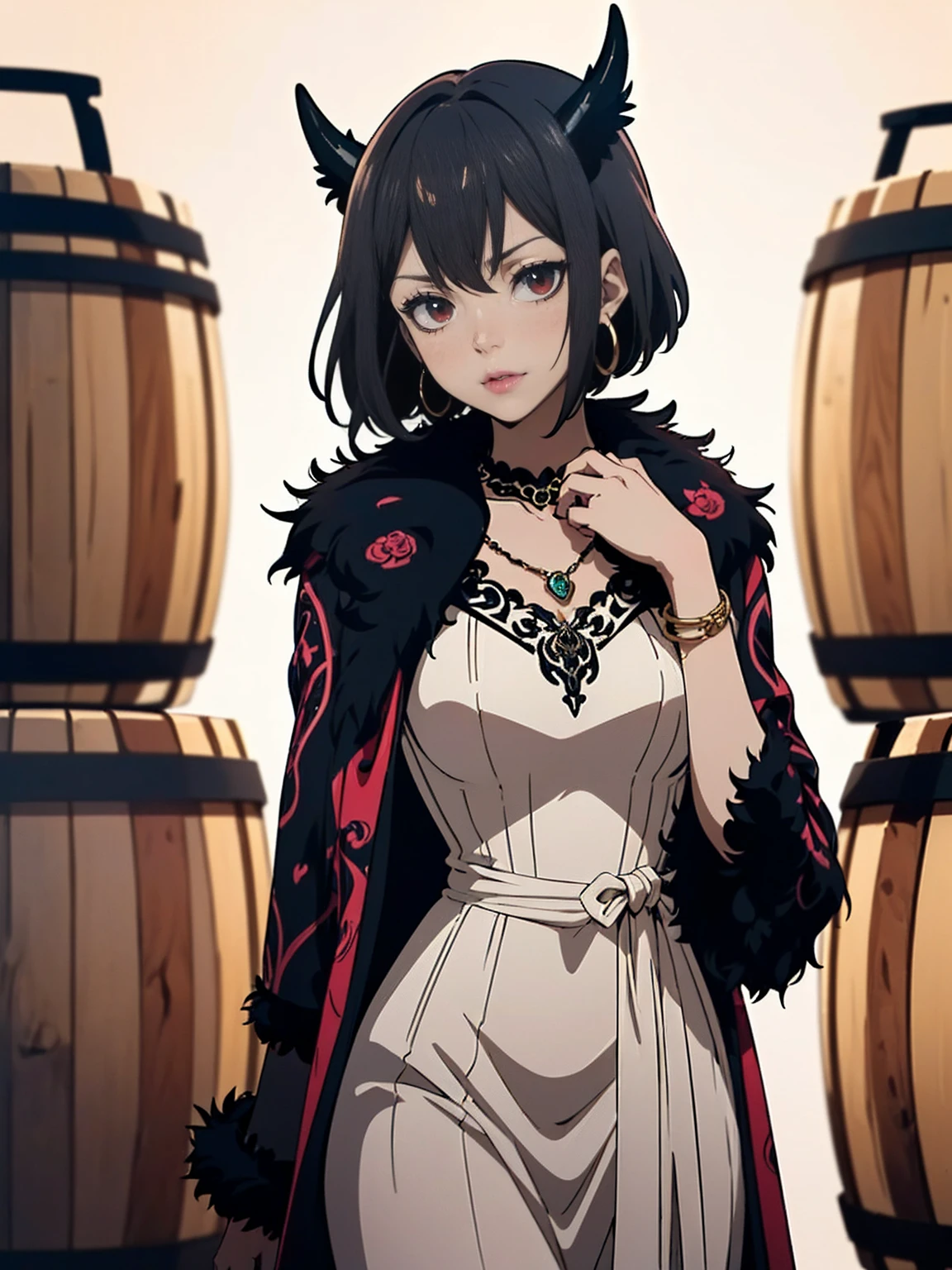 ((1girl, solo ,alone, Nero, Secre Swallowtail, illustration, (anime style, masterpiece, best quality), intricate details, 1girl, alone, Nero, black hair, short hair, red eyes, horns, black dress, black bulls, elegant delicate, reflection, shine, sophisticated, anime, manga, looking at the viewer, feathers)), ((solo, 1woman, pink lipstick, Extremely detailed, ambient soft lighting, 4k, perfect eyes, a perfect face, perfect lighting, a 1girl)), austere, ((white dress, ornate long dress, dark red dress)), sexy red dress)), (((black fur coat:1.4), (ornate dress, salmon colour dress))), bracelet, winery,wine barrels backgroudn, standing on a barrel, sexy pose)), gloves, black gloves, bracelets, amethyst necklace, hoop earrings))