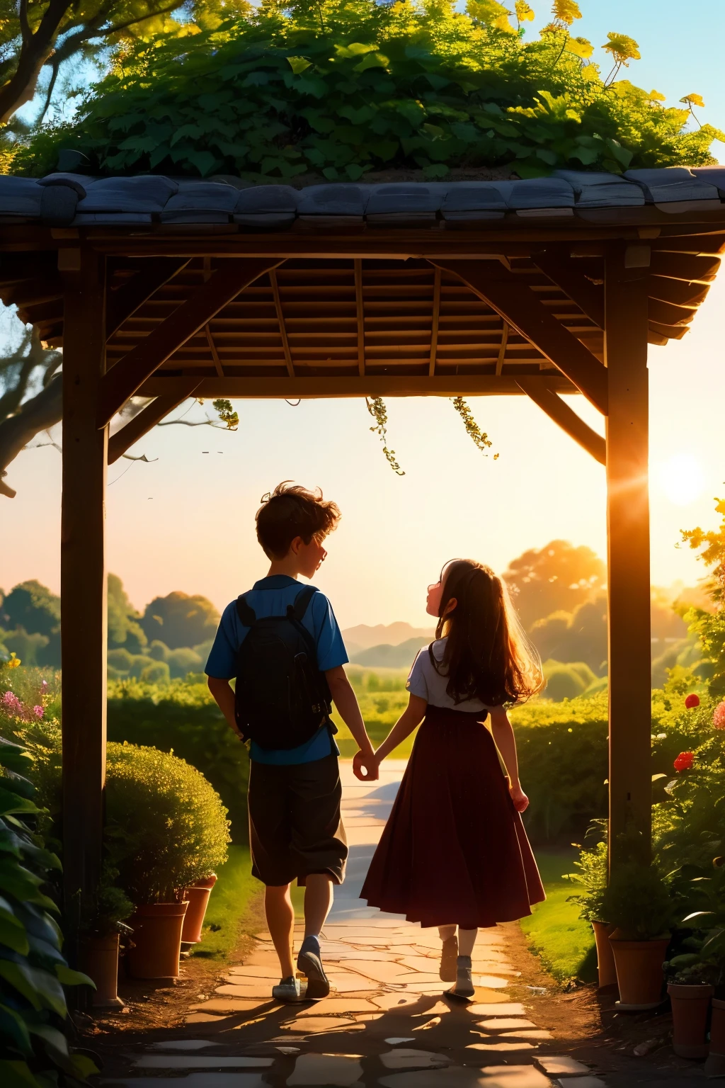 siluet of little boy and girl in the garden school ((best quality)), ((masterpiece)), ((detailed)), ((hd)), ((8k resolution))