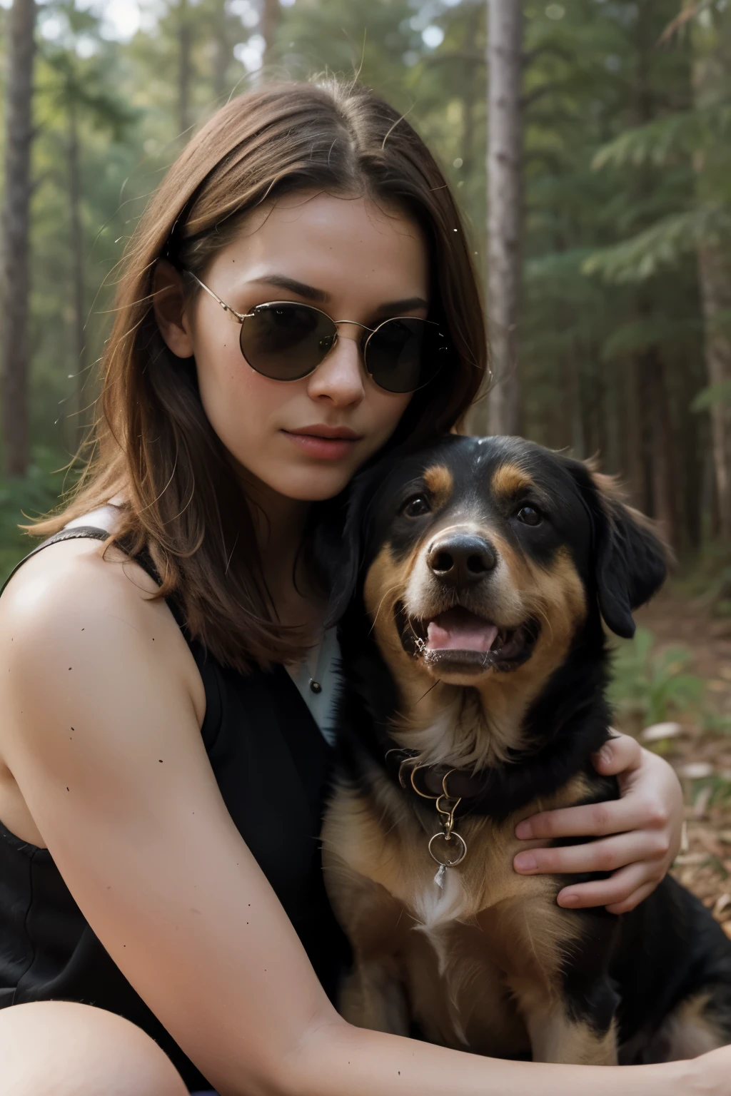 ((best quality)), ((masterpiece)), (detailed), perfect face, woman with dog,realistic, black sun glasses, amateur session in the forest