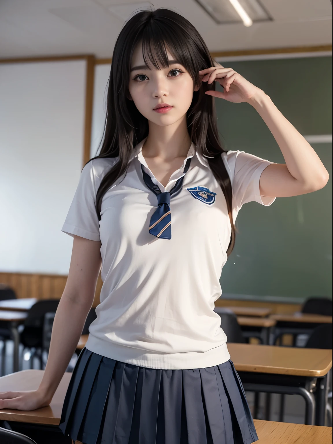 one young girl, blazer、、uniform、8k wallpaper, professional photography, realistic portrait, cinematic light, bangs, shortcut、(expensive , pleated mini skirt:1.3), School, classroom, (get used to it: 1.4), 3D, HDR (high dynamic range), ray tracing, NVIDIA RTX, super resolution, Scattered under the surface, PBR texture, Post-processing, anisotropic filtering, Depth of written boundary, maximum sharpness and sharpness, multilayer texture, Albedo and Highlight Mapping, surface shading, Accurate simulation of light-matter interactions, perfect proportions, octane rendering, surreal、Photographed with Canon EOS R5、50MM lens、f / 2.8