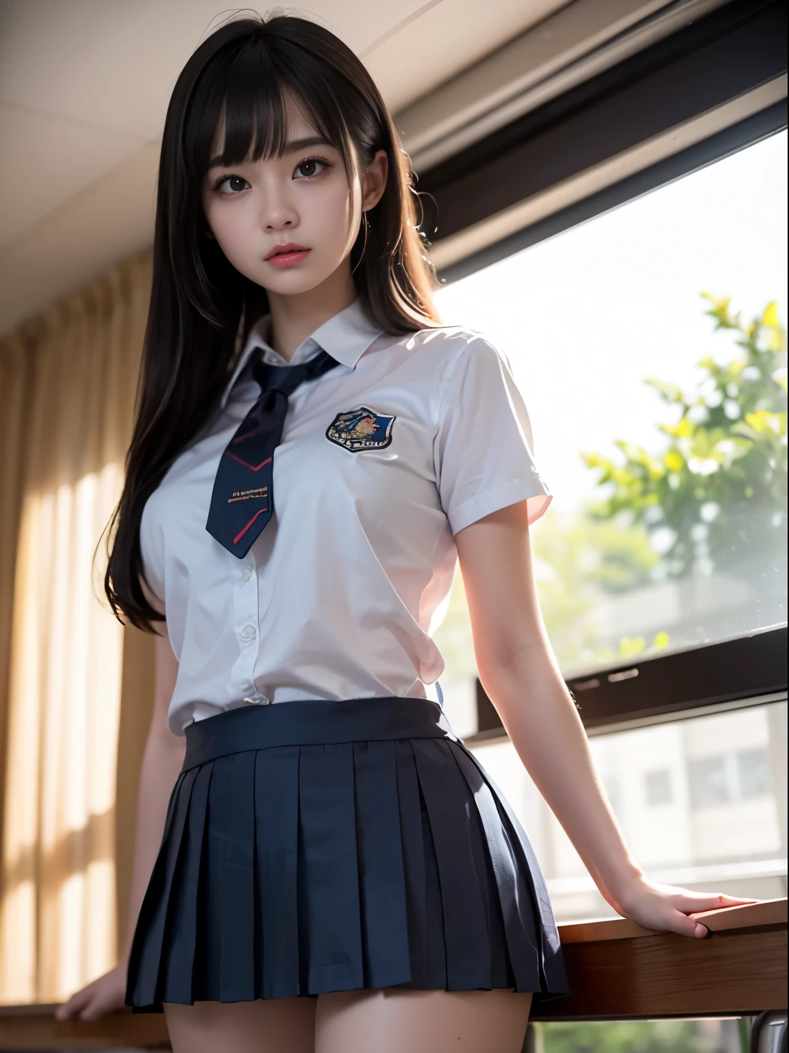 one young girl, blazer、、uniform、8k wallpaper, professional photography, realistic portrait, cinematic light, bangs, shortcut、(expensive , pleated mini skirt:1.3), School, classroom, (get used to it: 1.4), 3D, HDR (high dynamic range), ray tracing, NVIDIA RTX, super resolution, Scattered under the surface, PBR texture, Post-processing, anisotropic filtering, Depth of written boundary, maximum sharpness and sharpness, multilayer texture, Albedo and Highlight Mapping, surface shading, Accurate simulation of light-matter interactions, perfect proportions, octane rendering, surreal、Photographed with Canon EOS R5、50MM lens、f / 2.8