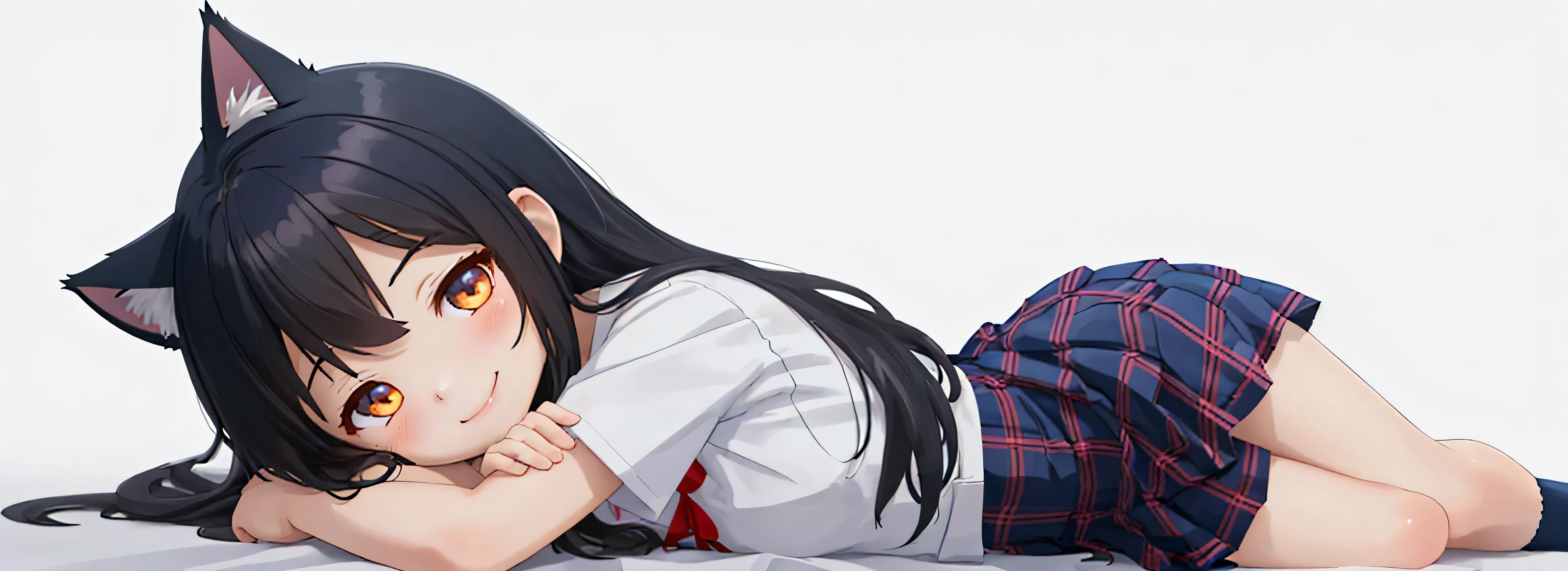 girl, downward, fold your arms, long black hair, Cat ear, cute anime visuals, , high school girl, ribbon on chest, tartan check miniskirt, white short sleeve shirt, dark blue socks, smile, pure white background, side angle, whole body, high quality, Liar