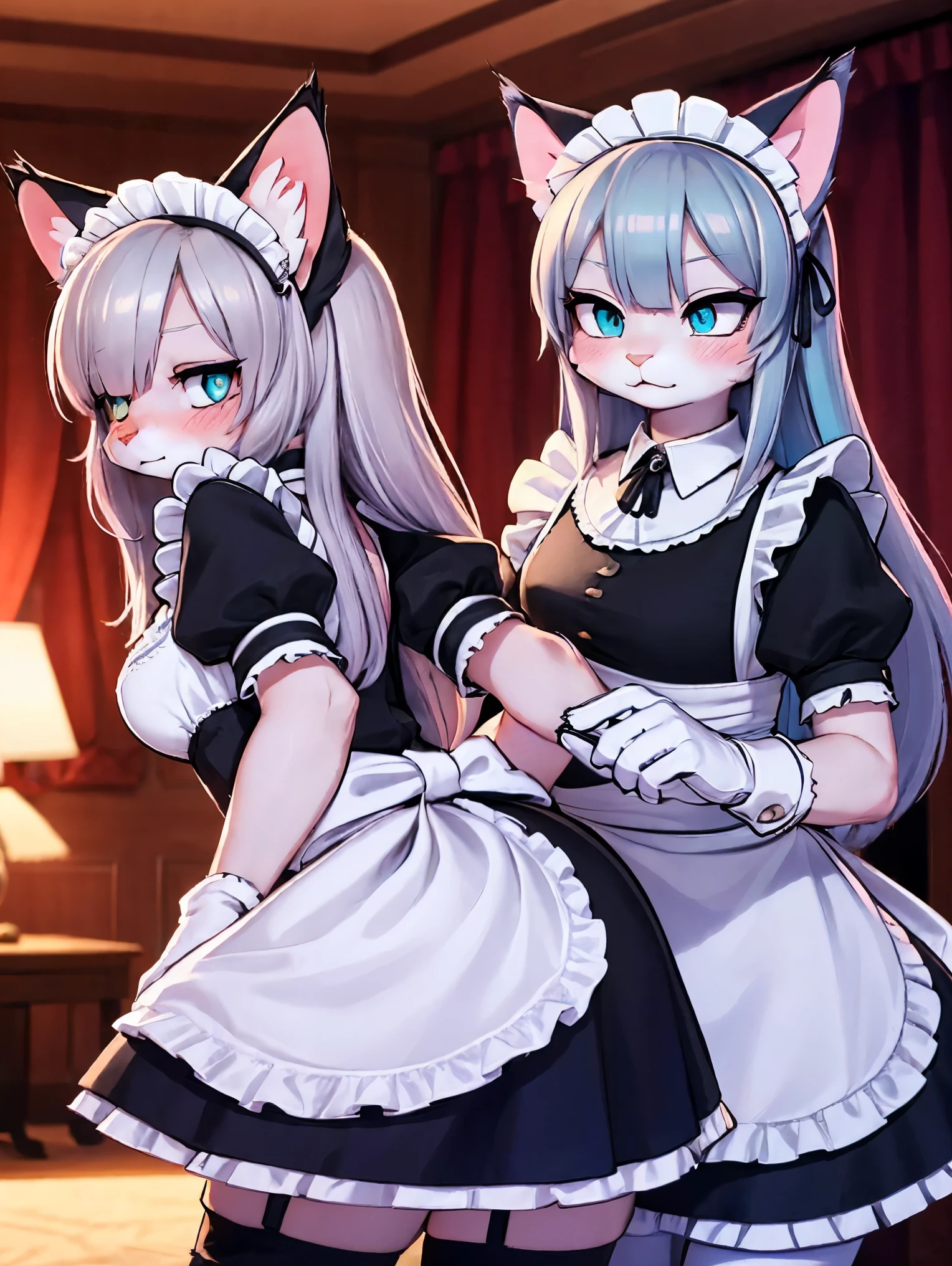 by zackary911, (coffeesoda:1.1), hioshiru, zackary911, puro, bee, anthro, futanari, duo, fur, 2022, lidded eyes, maid outfit, cat maid, large breasts, black skin, black gloves, thigh high socks, collar, tail bow, large purple knot, gigantic balls, huge genitals, watery genitals, hugepurplecock, largedick, presenting, whitecum spewing from hugepurplecock,