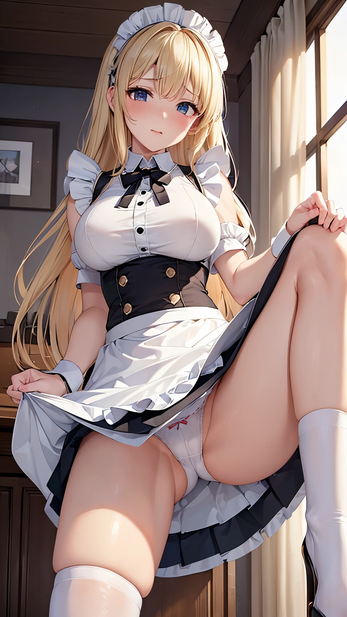 ((highest quality, Highly detailed CG Unity 8K wallpaper))、beautiful breasts、(spread your legs wide)、((She lifts up her skirt to reveal white panties、blonde、maid、embarrassed look))