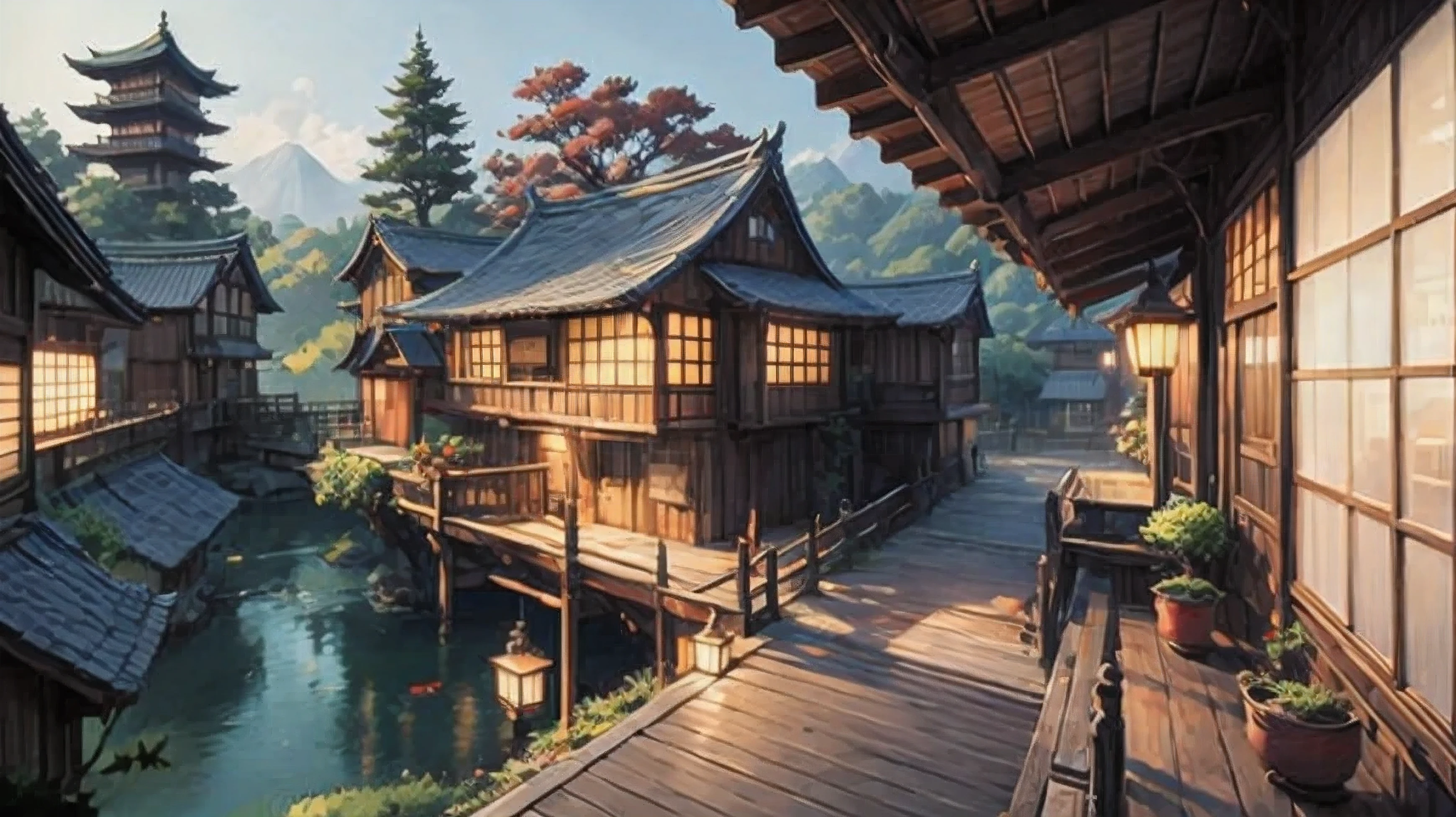 Anime landscape of a house with many windows and many plants, highly detailed scene, Multidimensional cozy izakaya, anime background art, beautiful anime scene, japanese village, Greg Rutkowski Studio Ghibli, Japanese traditional concept art, anime landscape concept art, Detailed Landscape - Width 672, anime countryside scenery, highly detailed scene, andreas rocha style, Cafe