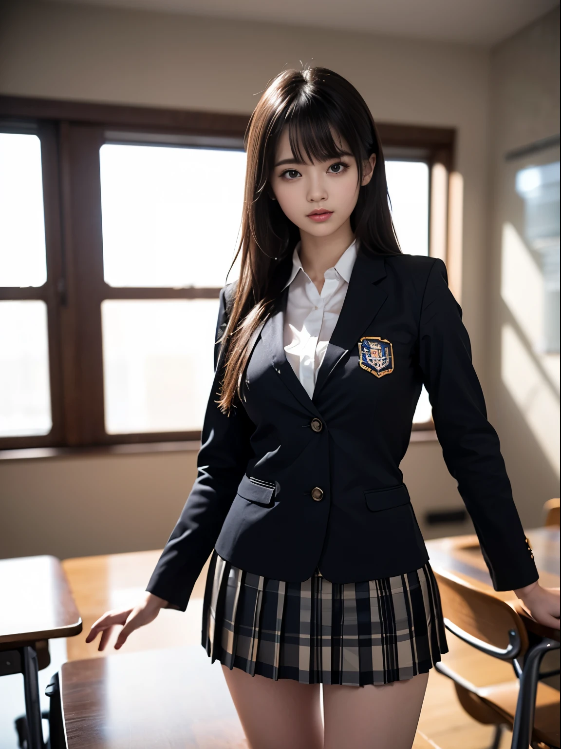 one young girl, blazer、、uniform、8k wallpaper, professional photography, realistic portrait, cinematic light, bangs, shortcut、(expensive , pleated mini skirt:1.3), School, classroom, (get used to it: 1.4), 3D, HDR (high dynamic range), ray tracing, NVIDIA RTX, super resolution, Scattered under the surface, PBR texture, Post-processing, anisotropic filtering, Depth of written boundary, maximum sharpness and sharpness, multilayer texture, Albedo and Highlight Mapping, surface shading, Accurate simulation of light-matter interactions, perfect proportions, octane rendering, surreal、Photographed with Canon EOS R5、50MM lens、f / 2.8