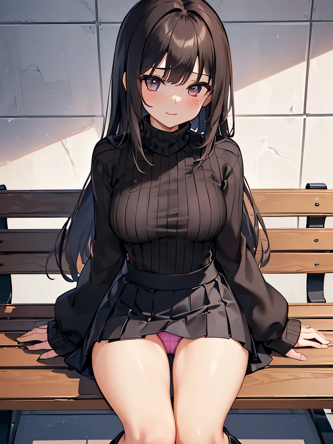 [[raise your legs]]、[[片raise your legs]]、[[knee high boots]]、[[knee high socks]]、[[pleated skirt]]、
(1) there is one woman、
(2) (A woman sits with her legs closed and her knees pressed together:1.5), (Please make sure that the pants are visible above the thighs..:1.5)、(both feet are on the ground:1.5)、
(3) (The woman wears a white long-sleeved turtleneck knit:1.5)、(The skirt is a tight miniskirt.:1.8)、(She wears long, slim black boots.:1.5)、
(4) The pants are red and have a flashy pattern..、
(5) woman has short brown hair, shining eyes, A provocative grin,
(6) (The location is a bench in a shopping mall..:1.5), 
(7) highest quality, High resolution, realistic pictures, realistic skin,