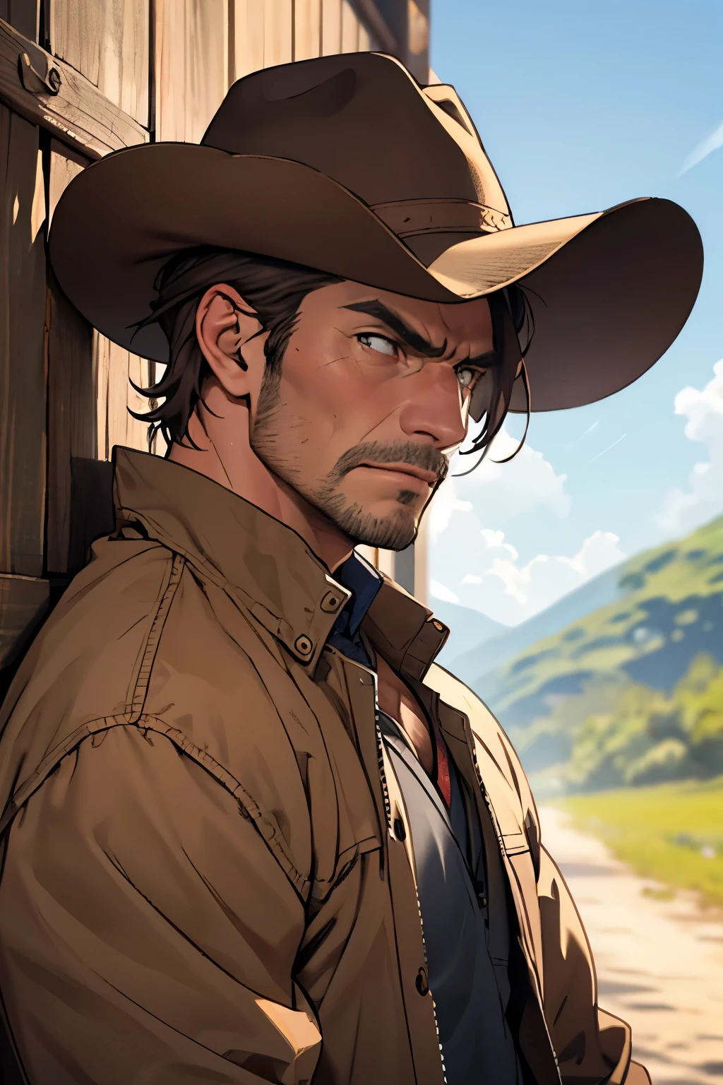 adult older man masculine features short hair brown hair tanned skin serious face front view cowboy clothes country face portrait