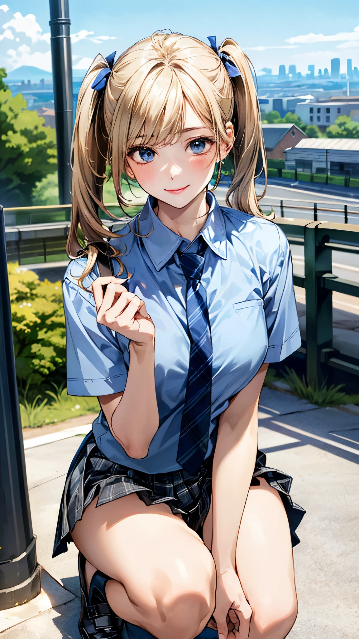 (masterpiece:1.3, top-quality, ultra high res, ultra detailed), (realistic:1.1, photorealistic:1.4), beautiful illustration, perfect lighting, colorful, depth of fields,
beautiful detailed hair, beautiful detailed face, beautiful detailed eyes, beautiful clavicle, beautiful body, beautiful chest, beautiful thigh, beautiful legs, beautiful fingers,
looking at viewer, 1 girl, japanese, high school girl, perfect face, (perfect anatomy, anatomically correct), cute and symmetrical face, face, suntan, shiny skin,
(middle hair:1.5, twintails:1.2, blonde hair), asymmetrical bangs, blue eyes, long eye lasher, (medium breasts), slender,
((collared short sleeve shirt, light blue shirt, , grey plaid pleated skirt, navy tie)), light blue panties,
(beautiful scenery), evening, (outdoors, cityscape in the distance), squatting, (lovely smile, upper eyes),