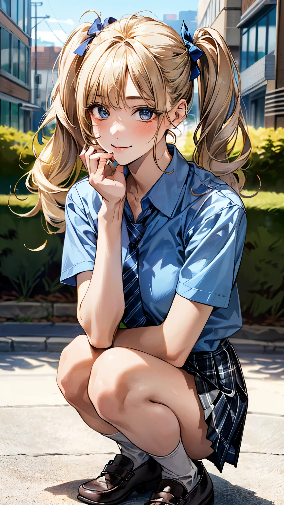 (masterpiece:1.3, top-quality, ultra high res, ultra detailed), (realistic:1.1, photorealistic:1.4), beautiful illustration, perfect lighting, colorful, depth of fields, 
beautiful detailed hair, beautiful detailed face, beautiful detailed eyes, beautiful clavicle, beautiful body, beautiful chest, beautiful thigh, beautiful legs, beautiful fingers, 
looking at viewer, 1 girl, japanese, high school girl, perfect face, (perfect anatomy, anatomically correct), cute and symmetrical face, babyface, suntan, shiny skin, 
(middle hair:1.5, twintails:1.2, blonde hair), asymmetrical bangs, blue eyes, long eye lasher, (medium breasts), slender, 
((collared short sleeve shirt, light blue shirt, , grey plaid pleated skirt, navy tie)), light blue panties, 
(beautiful scenery), evening, (outdoors, cityscape in the distance), squatting, (lovely smile, upper eyes), 