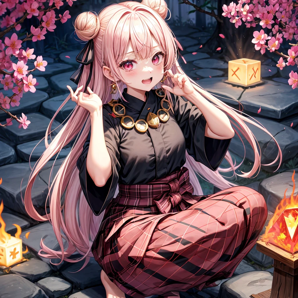 pink black blonde、red eyes、one good looking girl、solo、anime、plaid mini skirt、black camisole、black t-shirt、kimono、wearing a ribbon、ribbon at waist、stone slabs are piled up、crystal earrings、jewelry necklace、Light and shadow、walking、clock、universe、vine plant、petal、tilting one&#39;s face、teeth are visible、fire spirit、book of magic、Cube、bamboo forest、lava、Plum blossom、squatting down