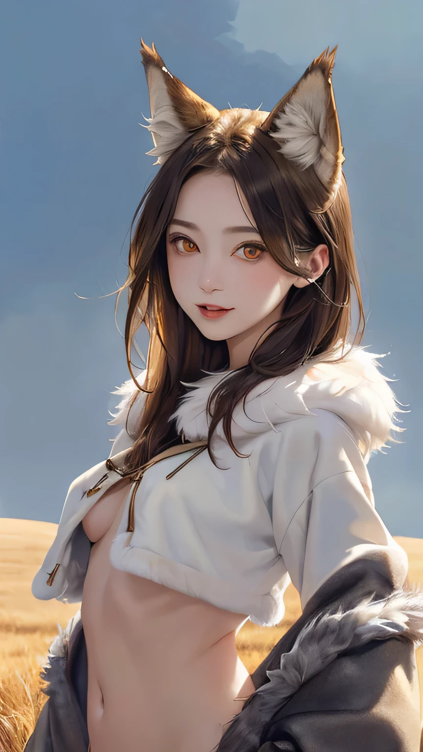 (((masterpiece))),((highest quality)),one beautiful girl,pale, (anthropomorphic wolf character: 1.5), (wolf ears:1.5)、(((sharp eyes 1.5)))、(wolf tail:1.5)、(belly button)、((Fur clothing:1.5)),(private server), (exposure of skin),(The background is grassland:1.5).(((from the front:1.5)))、(straight front: 1.5)、(Drive through the steppe:1.5] 