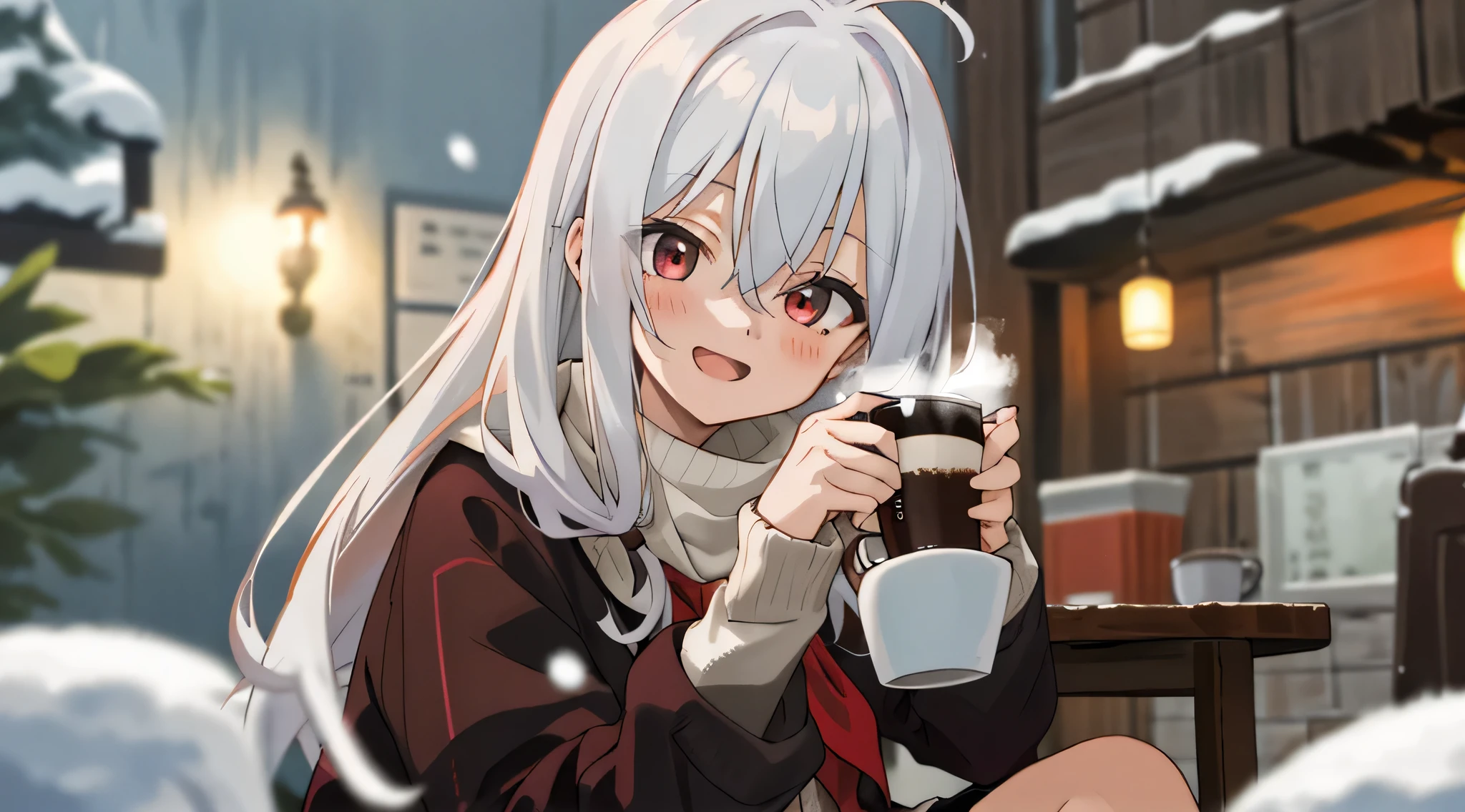 bestquality, Very detailed, Anime images, detailed background,(sit at the table) , coffee , hand was on the table,holding a coffee glass character focus,full body, portrait , front ,close to viewer, smile , open mouth,blush front view, Snow falling background at night, anime, 1girls, young girl, girl with long hair, White Hair, Red eyes, Wear a soft white sweater., red neckerchief, Black miniskirt, Sitting and take a cup of coffe