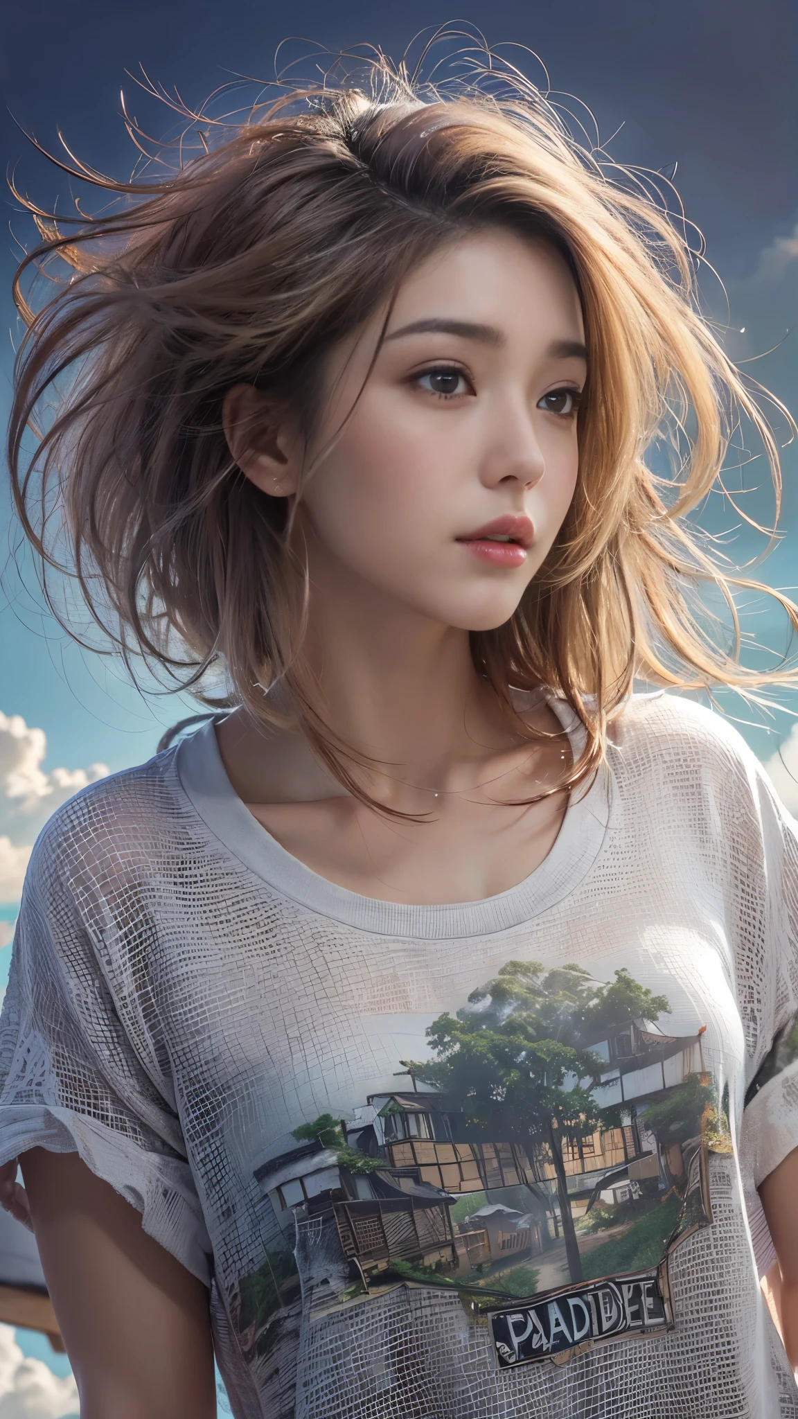 realistic, Highly Detailed CG Integrated 8 thousand Dendenden Wallpapers, Detail, High-quality RAW color photos, professional photography, (8 thousand, RAW photos, best quality:1.2), (realistic, realistic: 1.37), (Long T-shirt:1.5), transcendent beauty, young and cute, european girl, glowing skin, big bust, half exposed chest, (cleavage of breasts:1.2), (fair face:1.2), (Short hair:1.2), (paradise above the clouds:1.3), 1 girl, 