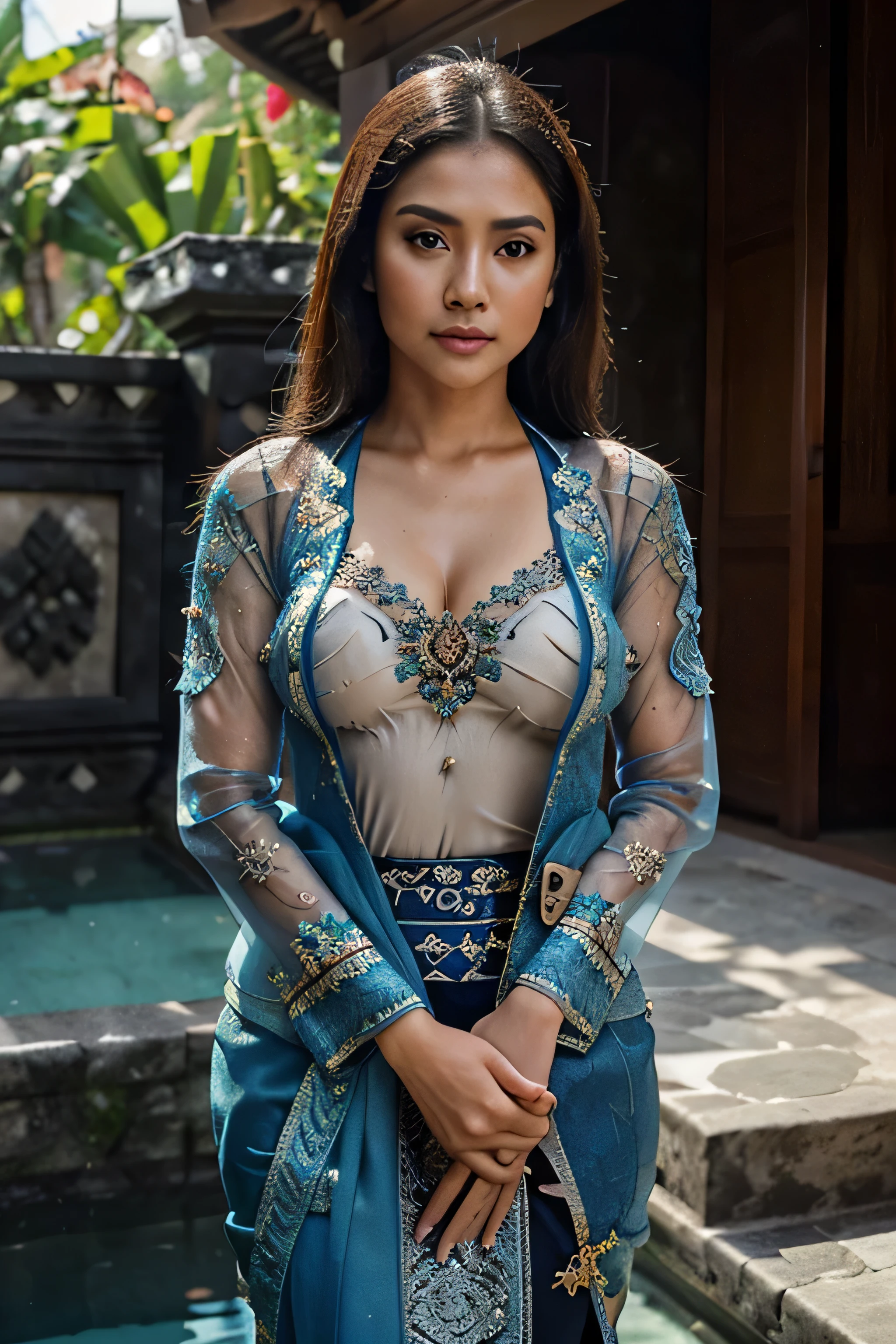 masterpiece, Indonesian woman ,ultra realistic,32k,intricate details, sharp focus, realistic, closed, seductive pose, black eyes, jewelr, lips, realistic, looking_at_viewer, wet skin, shiny skin, SHORT SLEVES, indonesian clothes, bali, balinese, cityscape, transparent dynamic pose,((blue kebaya)),(((transparent kebaya))),full body,busty body,curvy body,long hair,beauty face,cowboy shot,