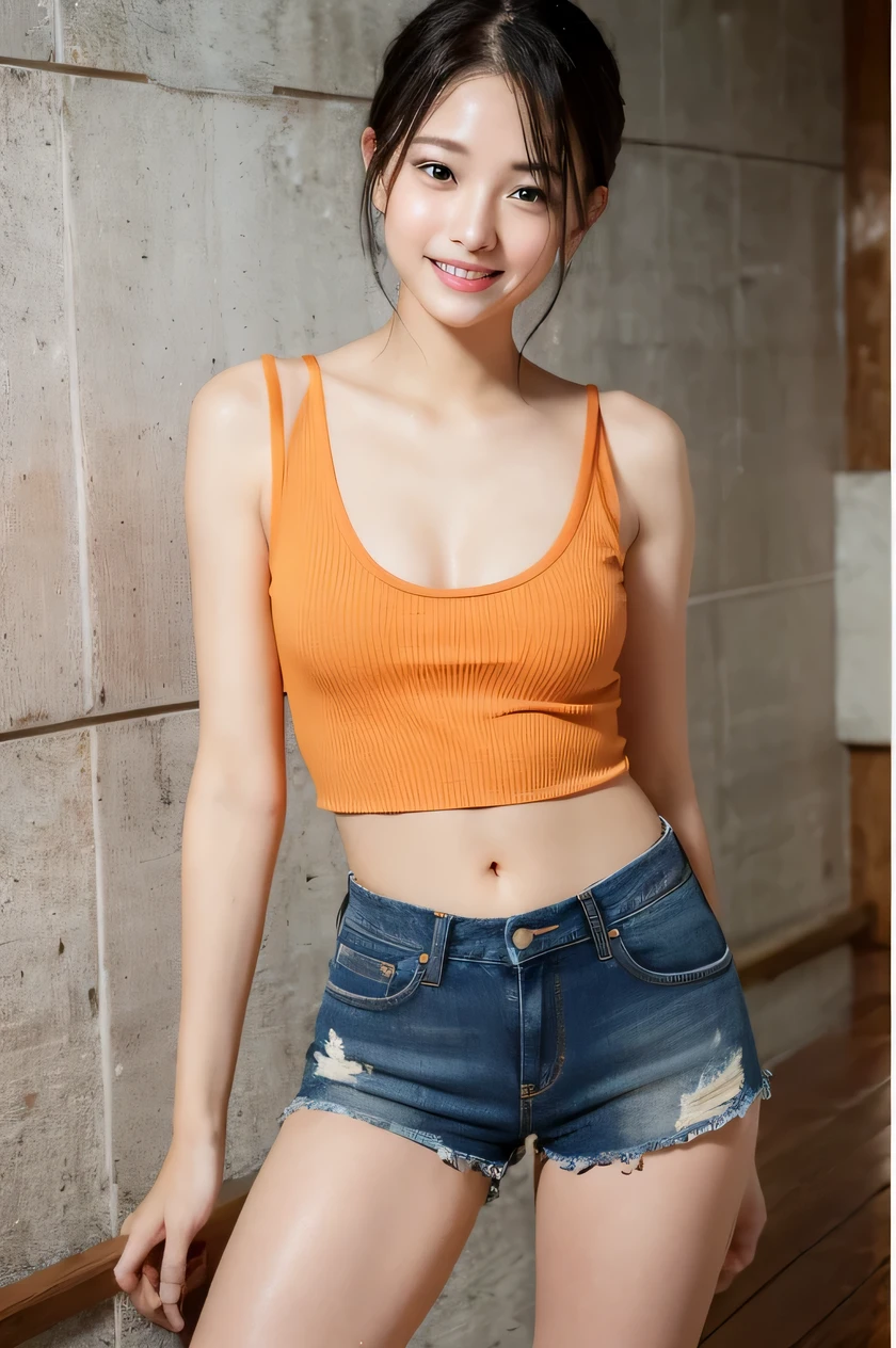 The beauty of 8K raw photos:2.0, short hair, 18 years old, great face and dark eyes, looking at the viewer, smile full of joy:1.6, show your teeth, dynamic pose, spread leg, tiny top, (orange tops, denim shorts:1.2), shinny skin, realistic:1.9, very detailed, High resolution RAW color photos, professional photos, (rainy wet, wet body :1.2), Taken at the studio, plain wallpaper, girl sexy portrait