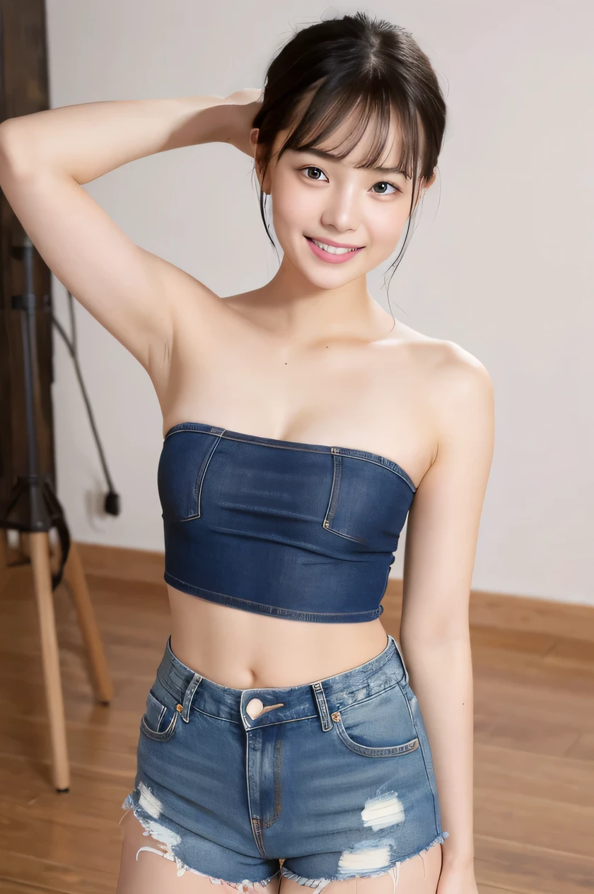 The beauty of 8K raw photos:2.0, short hair, 18 years old, great face and dark eyes, looking at the viewer, smile full of joy:1.6, show your teeth, wet hair, stand with hands on hips, dynamic pose, spread leg, tiny top, (orange tops, denim shorts:1.2), shinny skin, realistic:1.9, very detailed, High resolution RAW color photos, professional photos, (wet body :1.2), Taken at the studio, plain wallpaper, girl sexy portrait