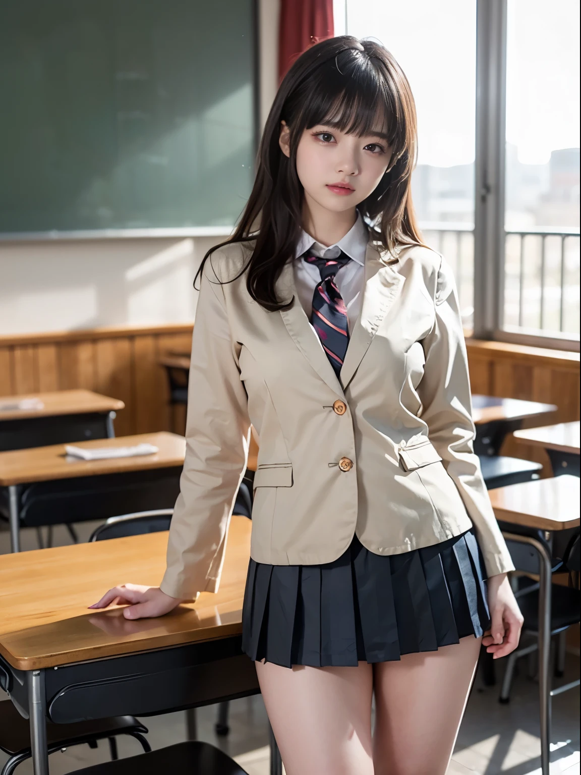 one young girl, blazer、、uniform、8k wallpaper, professional photography, realistic portrait, cinematic light, bangs, shortcut、(expensive , pleated mini skirt:1.3), School, classroom, (get used to it: 1.4), 3D, HDR (high dynamic range), ray tracing, NVIDIA RTX, super resolution, Scattered under the surface, PBR texture, Post-processing, anisotropic filtering, Depth of written boundary, maximum sharpness and sharpness, multilayer texture, Albedo and Highlight Mapping, surface shading, Accurate simulation of light-matter interactions, perfect proportions, octane rendering, surreal、Photographed with Canon EOS R5、50MM lens、f / 2.8