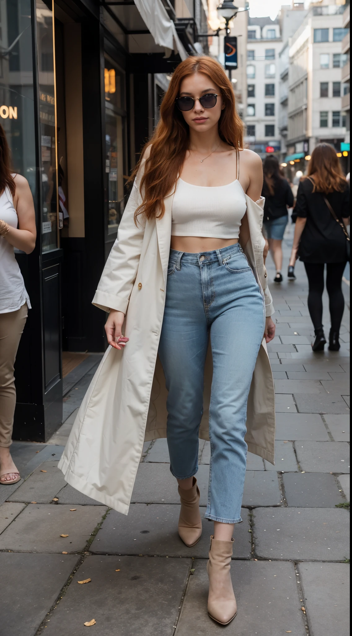 A captivating, photorealistic image of a 25-year-old woman with long, wavy orange-red hair that cascades over her shoulders. Her allure and self-assured demeanor radiate as she walks through the bustling city streets. The backdrop is a vibrant urban environment, with towering buildings and colorful storefronts defining the scene. The woman dons a chic and stylish outfit, including a tailored blazer, high-waisted jeans, and ankle-length boots. Her accessories consist of a trendy handbag and oversized sunglasses. Warm sunlight softly illuminates the frame, enhancing the woman's elegance and