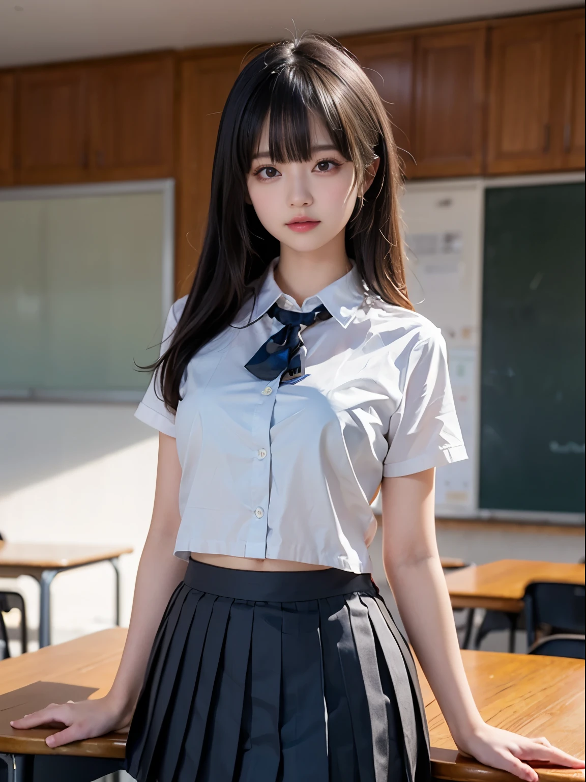 one young girl, blazer、、uniform、8k wallpaper, professional photography, realistic portrait, cinematic light, bangs, shortcut、(expensive , pleated mini skirt:1.3), School, classroom, (get used to it: 1.4), 3D, HDR (high dynamic range), ray tracing, NVIDIA RTX, super resolution, Scattered under the surface, PBR texture, Post-processing, anisotropic filtering, Depth of written boundary, maximum sharpness and sharpness, multilayer texture, Albedo and Highlight Mapping, surface shading, Accurate simulation of light-matter interactions, perfect proportions, octane rendering, surreal、Photographed with Canon EOS R5、50MM lens、f / 2.8