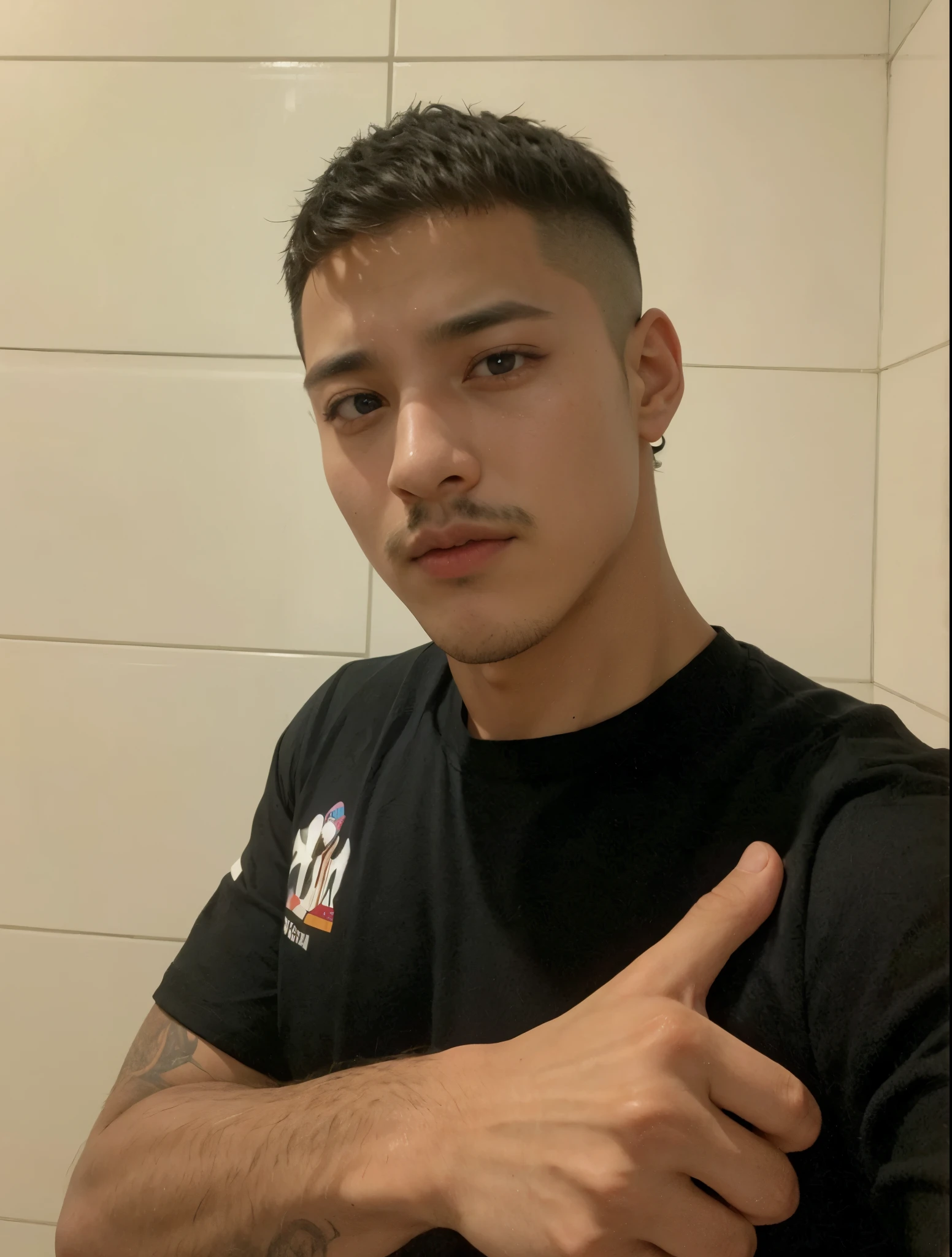 Homem de cabelo preto e bigode, peitoral exposto, jovem coreano e americano, manly face, 25 anos, jungkook